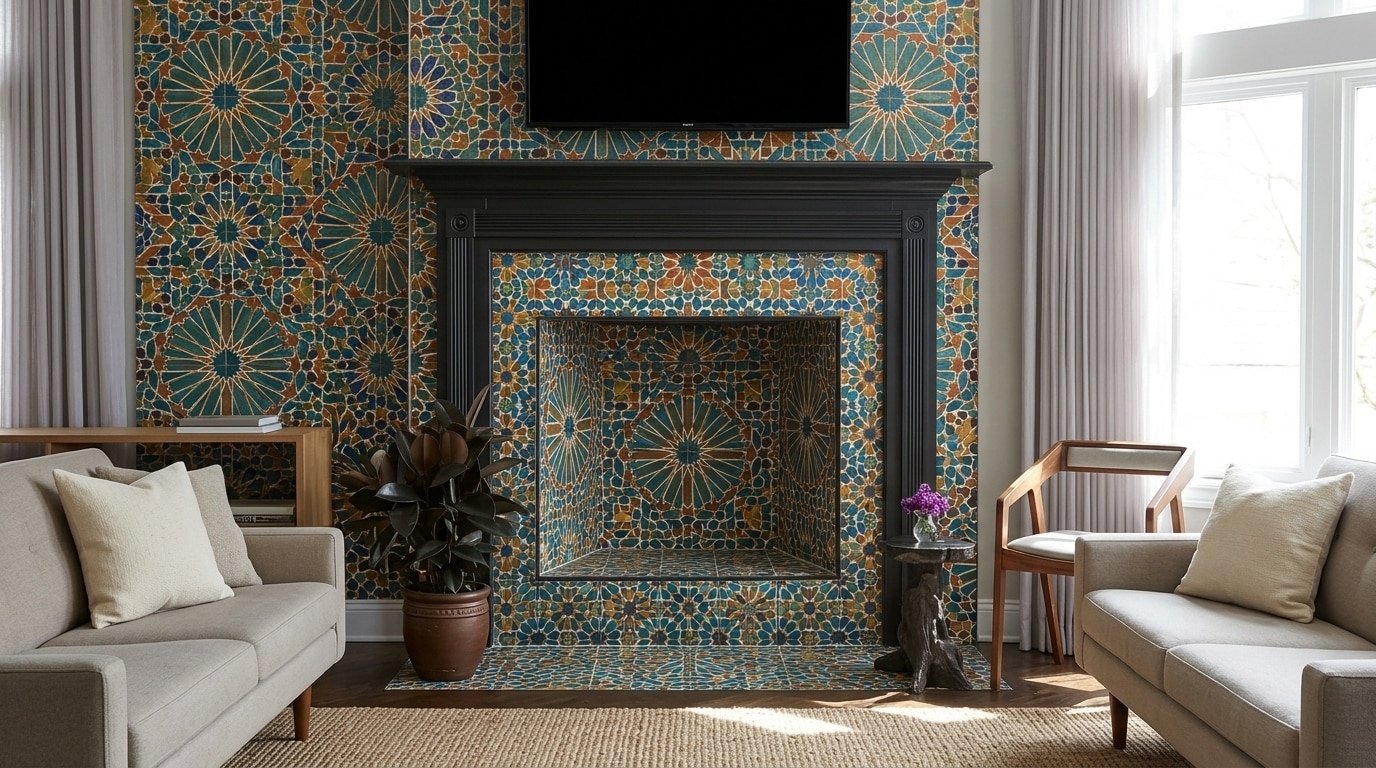Patterned tile fireplace wall creating a decorative focal point in a modern room.