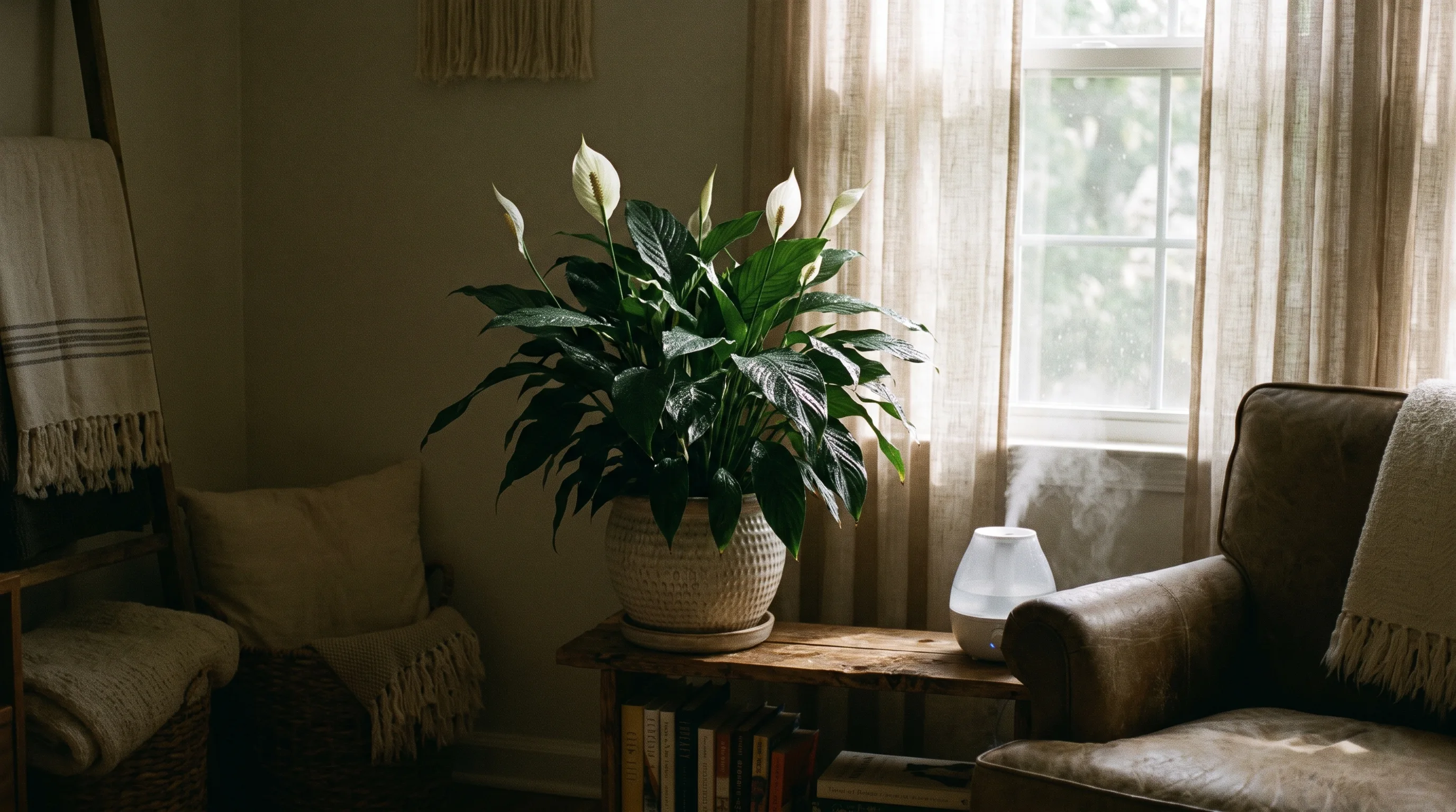 Peace lily with white flowers growing in a low light indoor corner