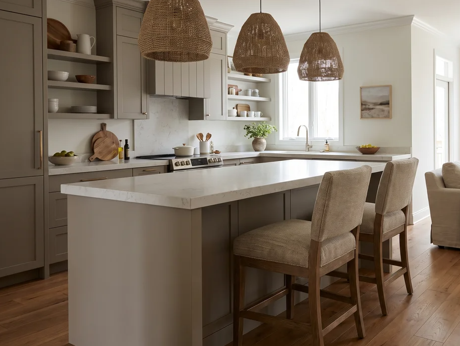 Peninsula Modern open kitchen with a large island, woven pendant lights, and neutral cabinetry.