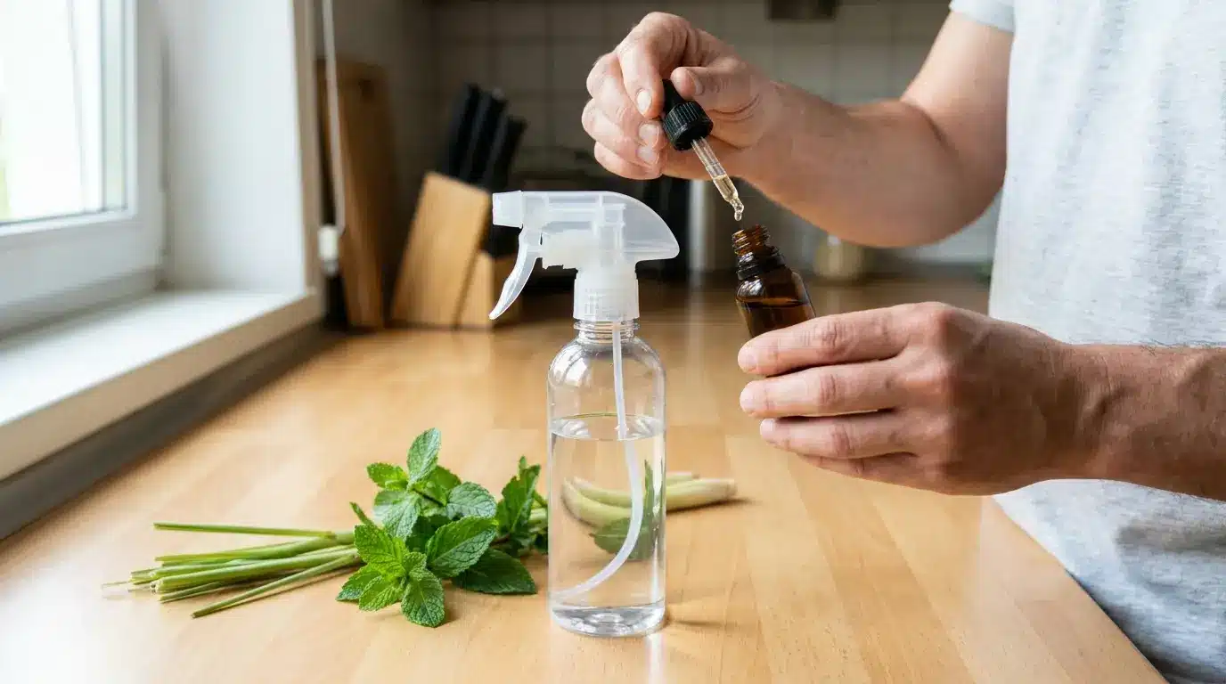 Person preparing a homemade essential oil fly spray with mint and lemongrass on a kitchen counter.