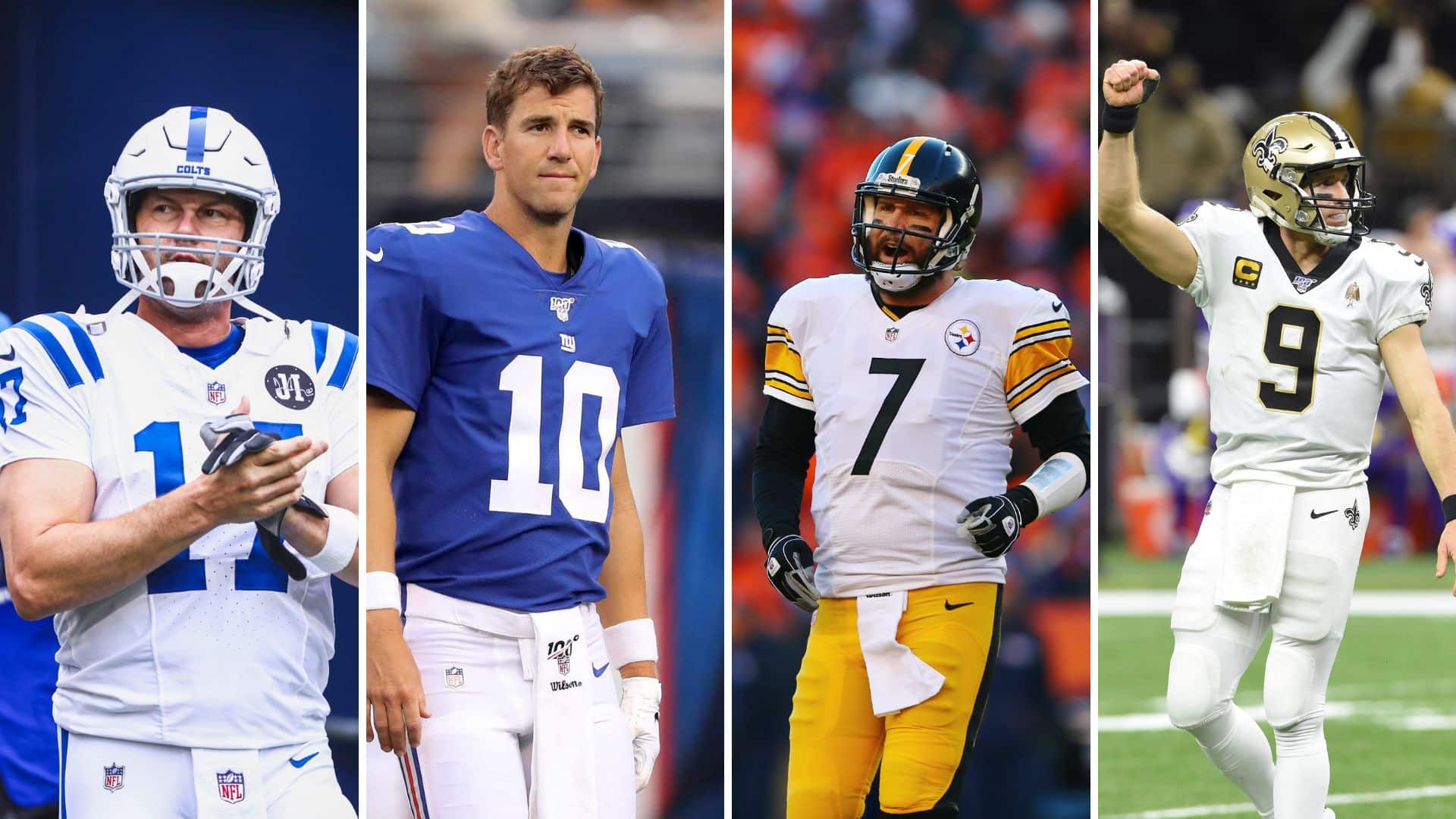 Philip Rivers, Eli Manning, Ben Roethlisberger, Drew Brees shown in their respective team uniforms during their playing careers