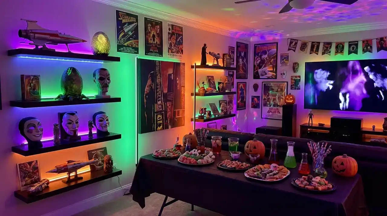 Pop culture Halloween themes with creative displays, collectibles, and modern party decorations.