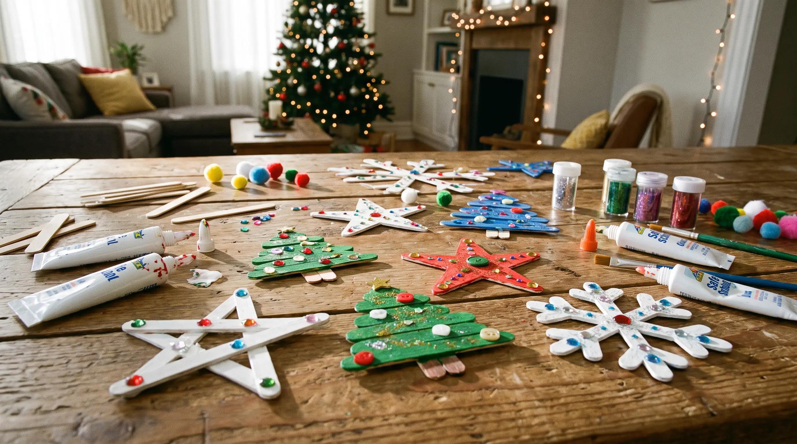 Popsicle stick Christmas trees and stars made by kids