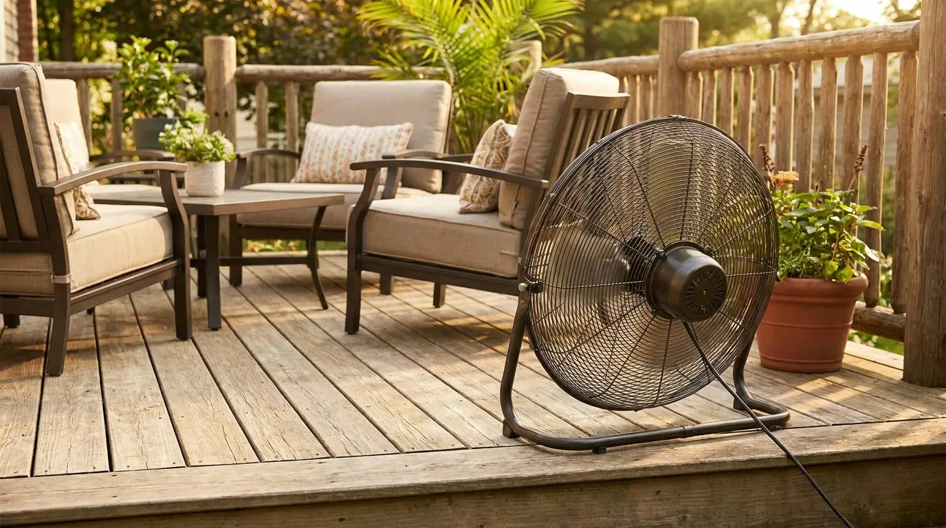 Portable floor fan cooling an outdoor patio seating area on a wooden deck