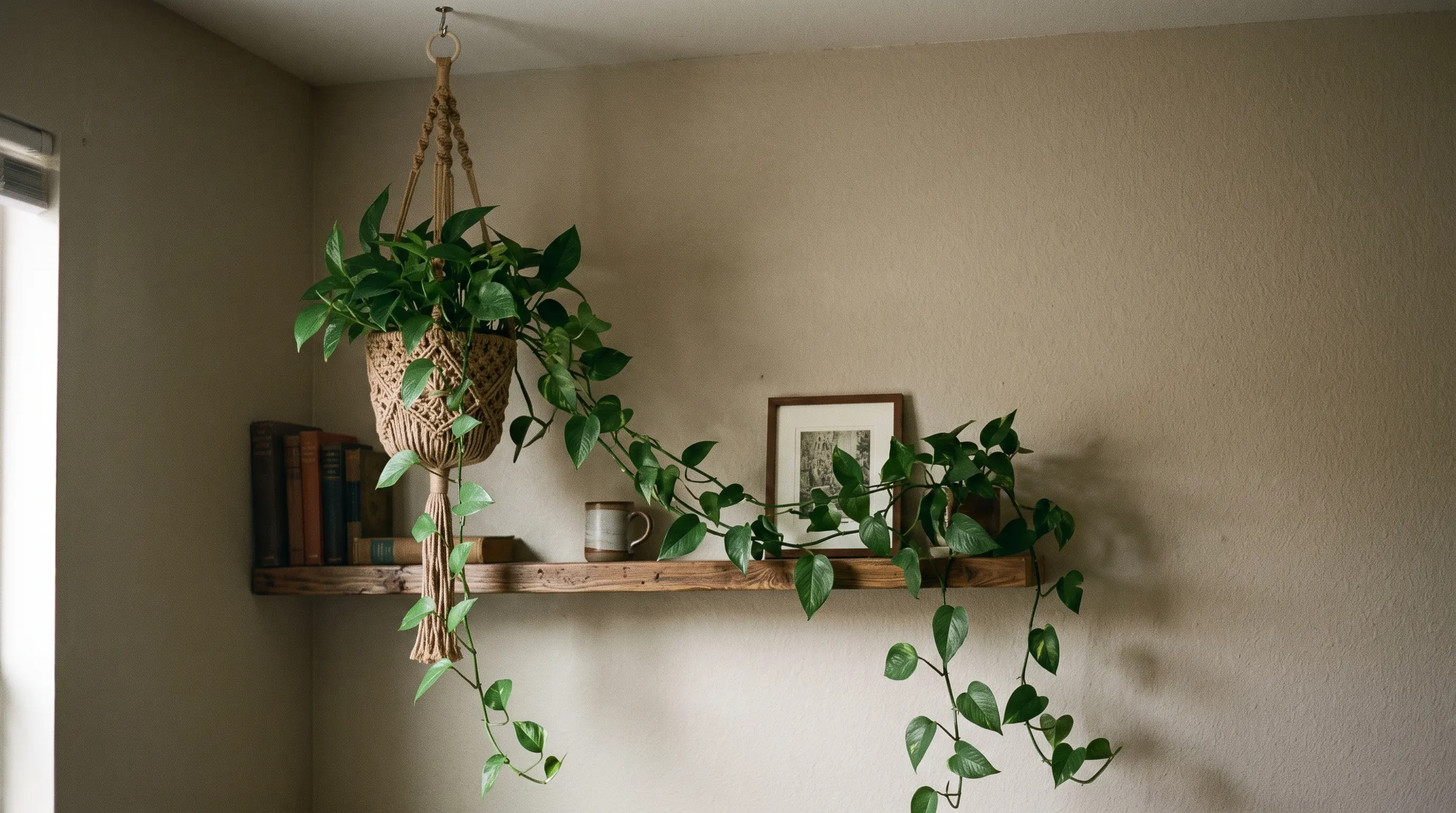 Pothos vine trailing from a hanging planter in a low light room