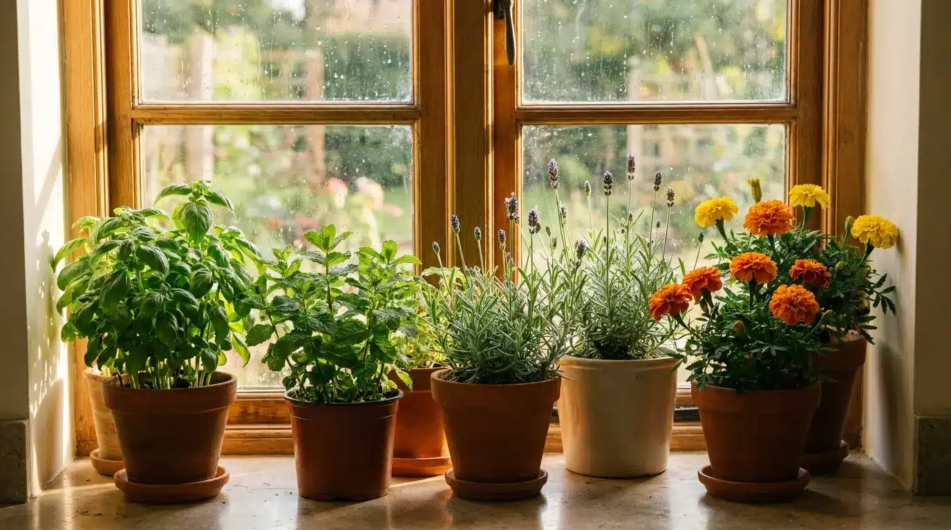 potted basil, mint, lavender, and marigolds arranged on a sunny windowsill to help repel flies