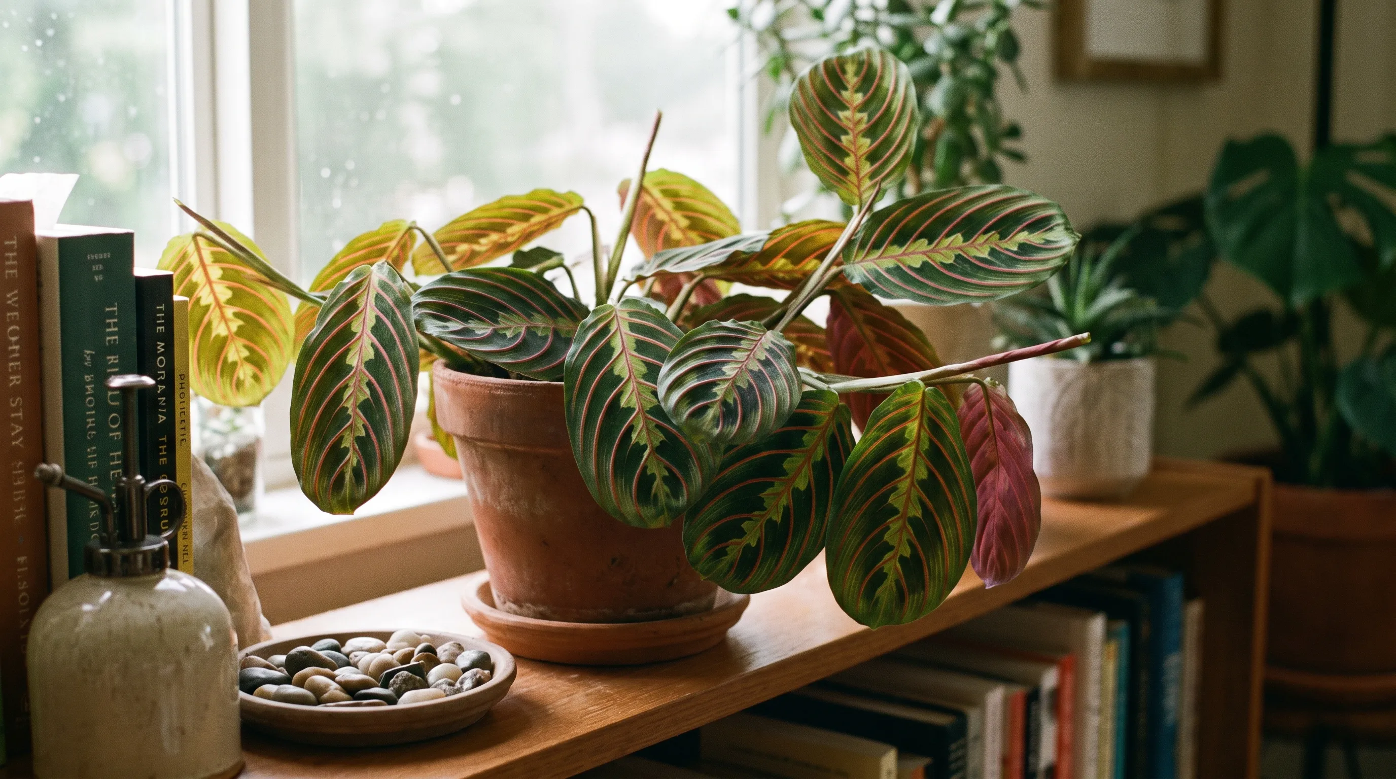 Prayer plant with patterned leaves growing on an indoor shelf