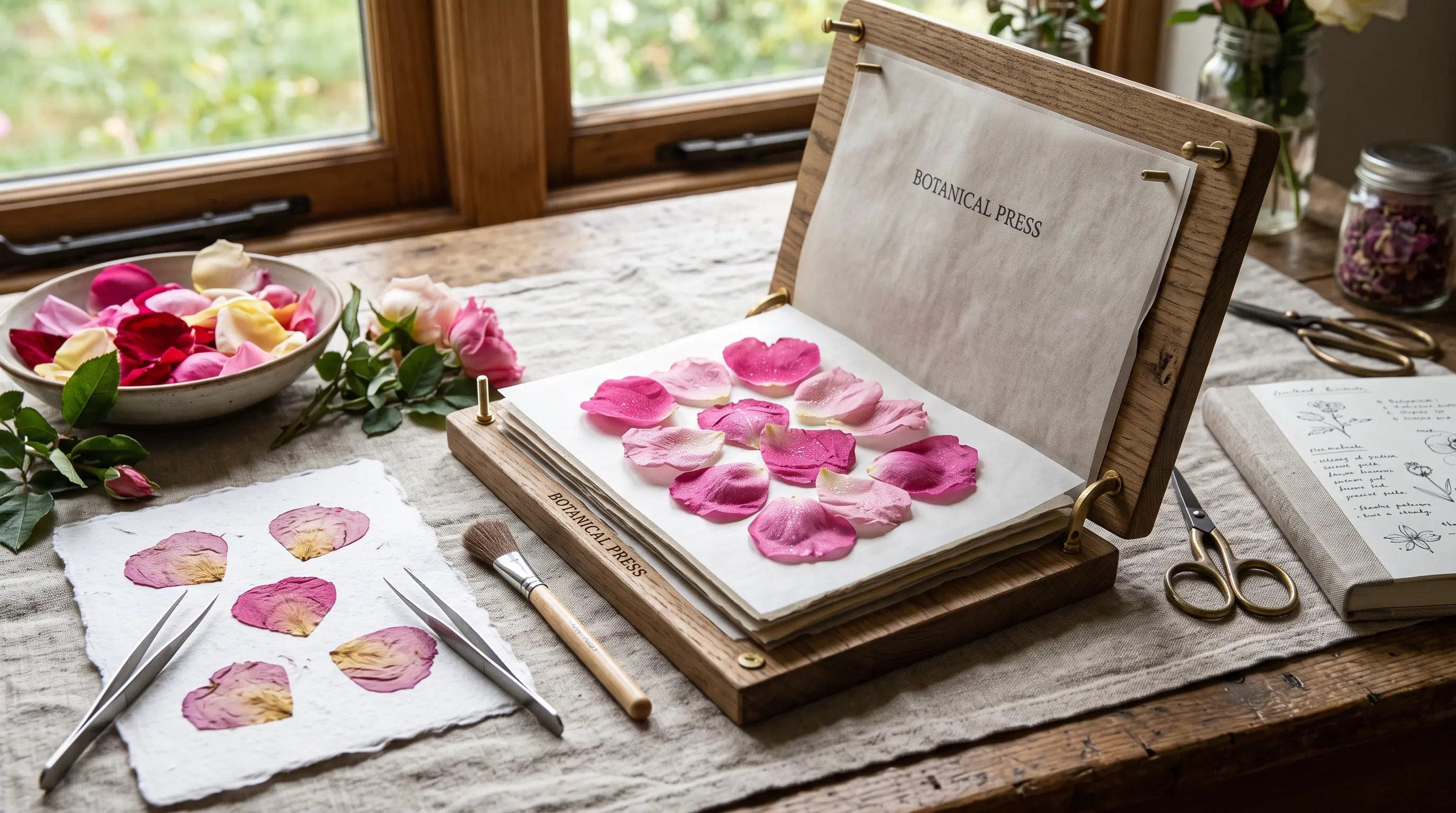 Pressed rose petals arranged on paper for handmade floral artwork