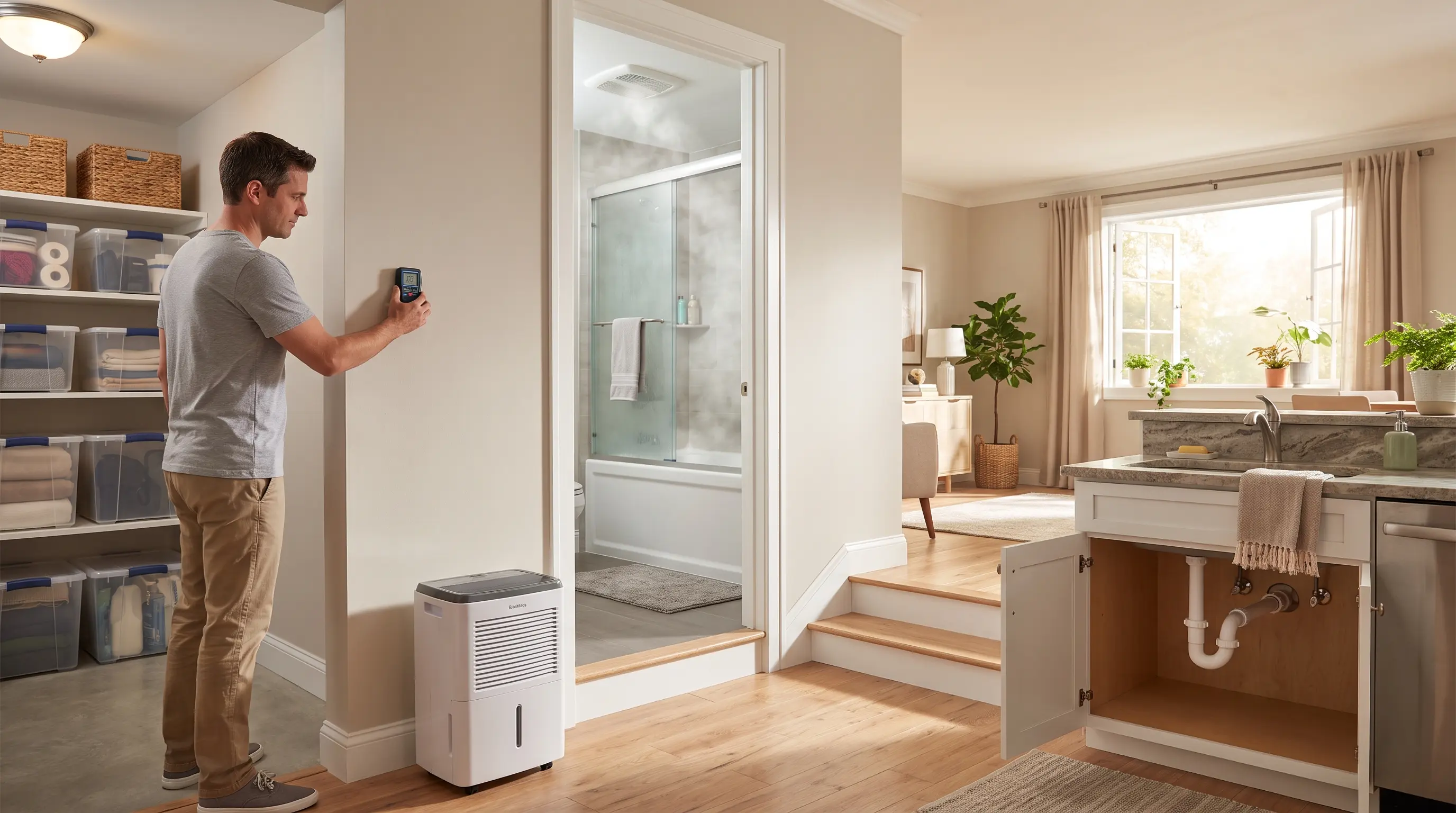 Home moisture prevention setup with ventilation, dehumidifier, and leak control prevent-black-mold-