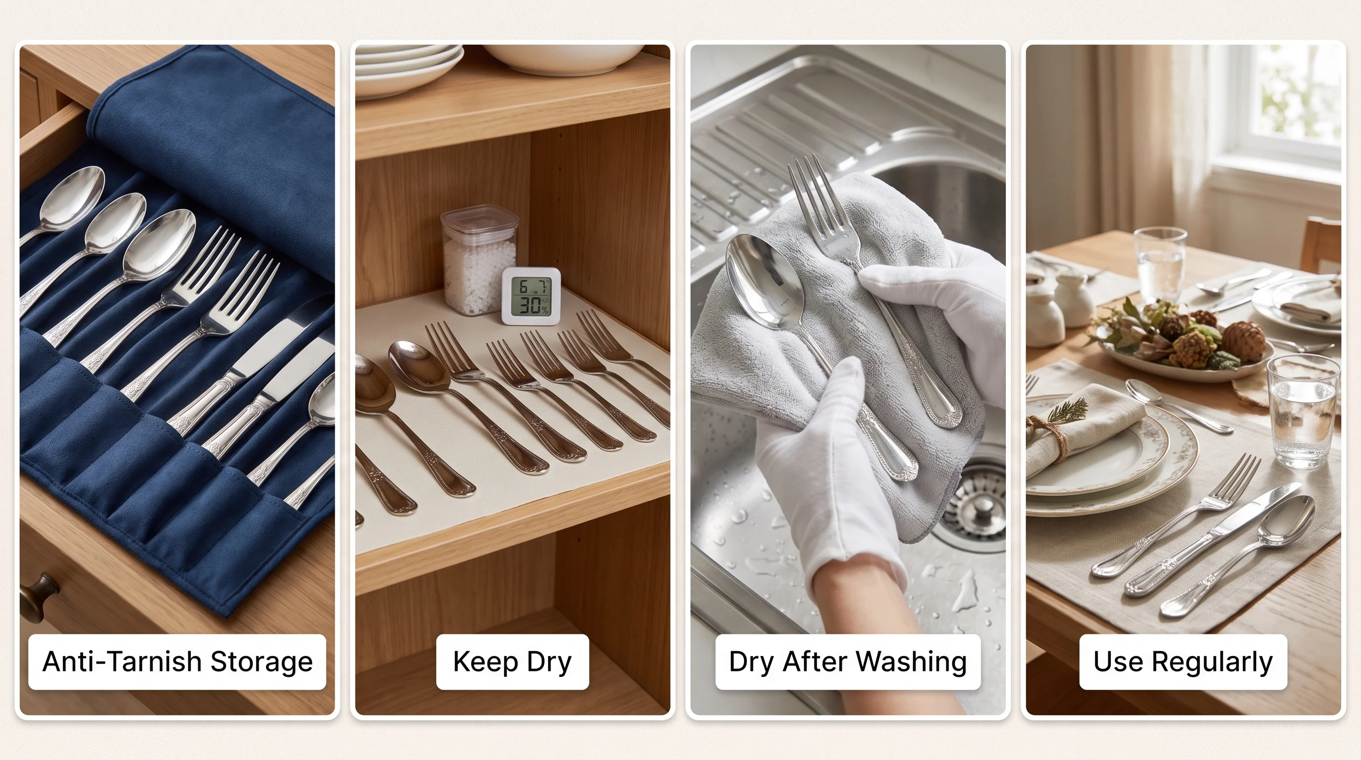 Steps showcasing methods to prevent silverware Tarnish