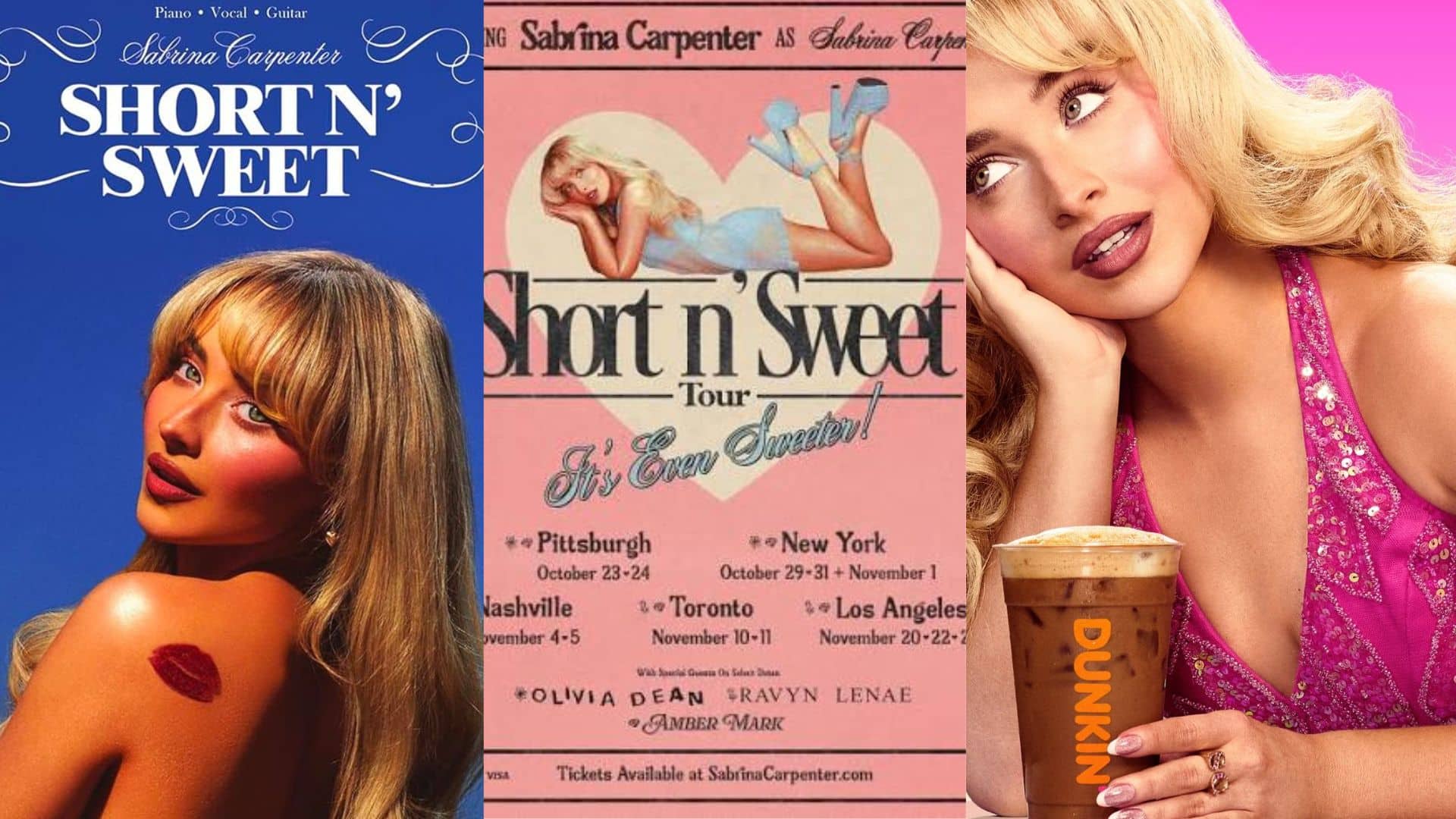 Promotional collage featuring Short n’ Sweet album artwork, tour details and dunkin endorsment