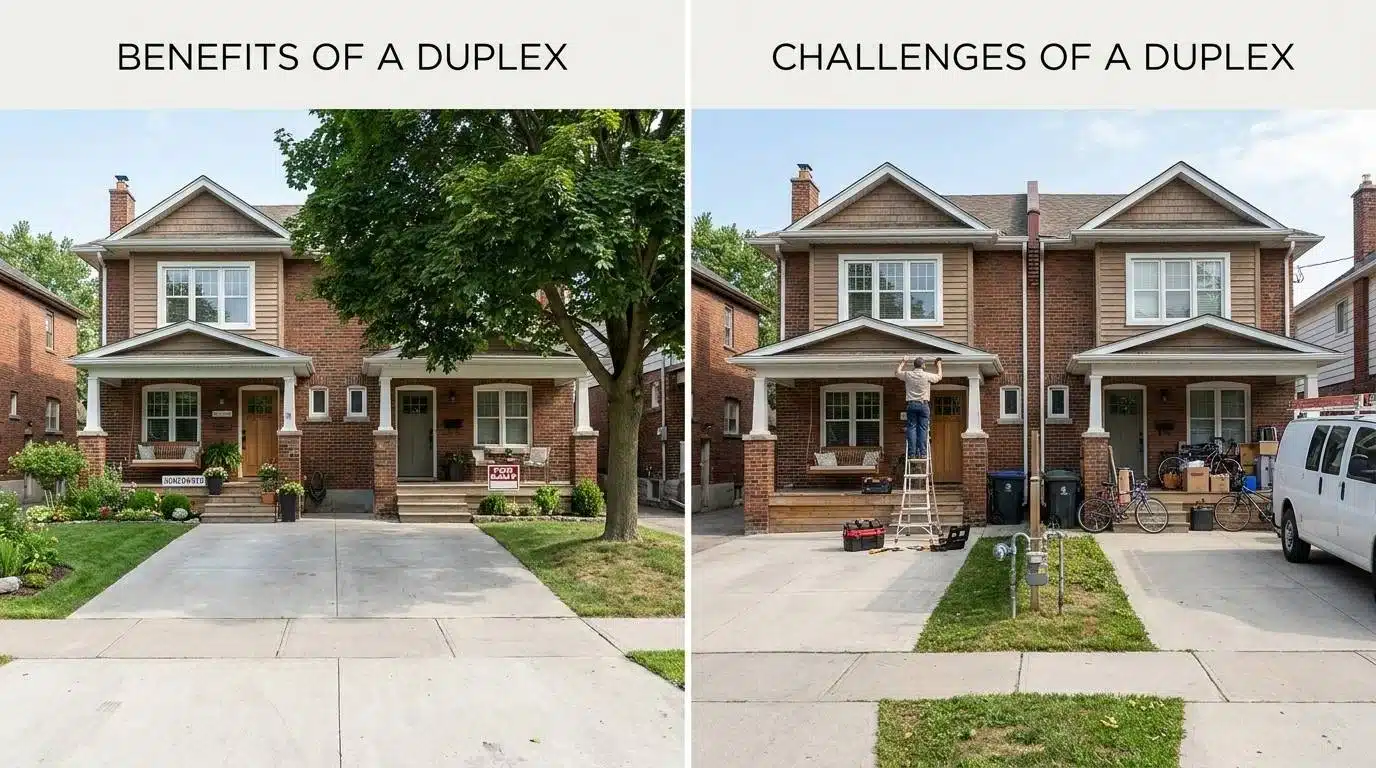 Two-panel duplex comparison showing benefits and challenges of ownership.