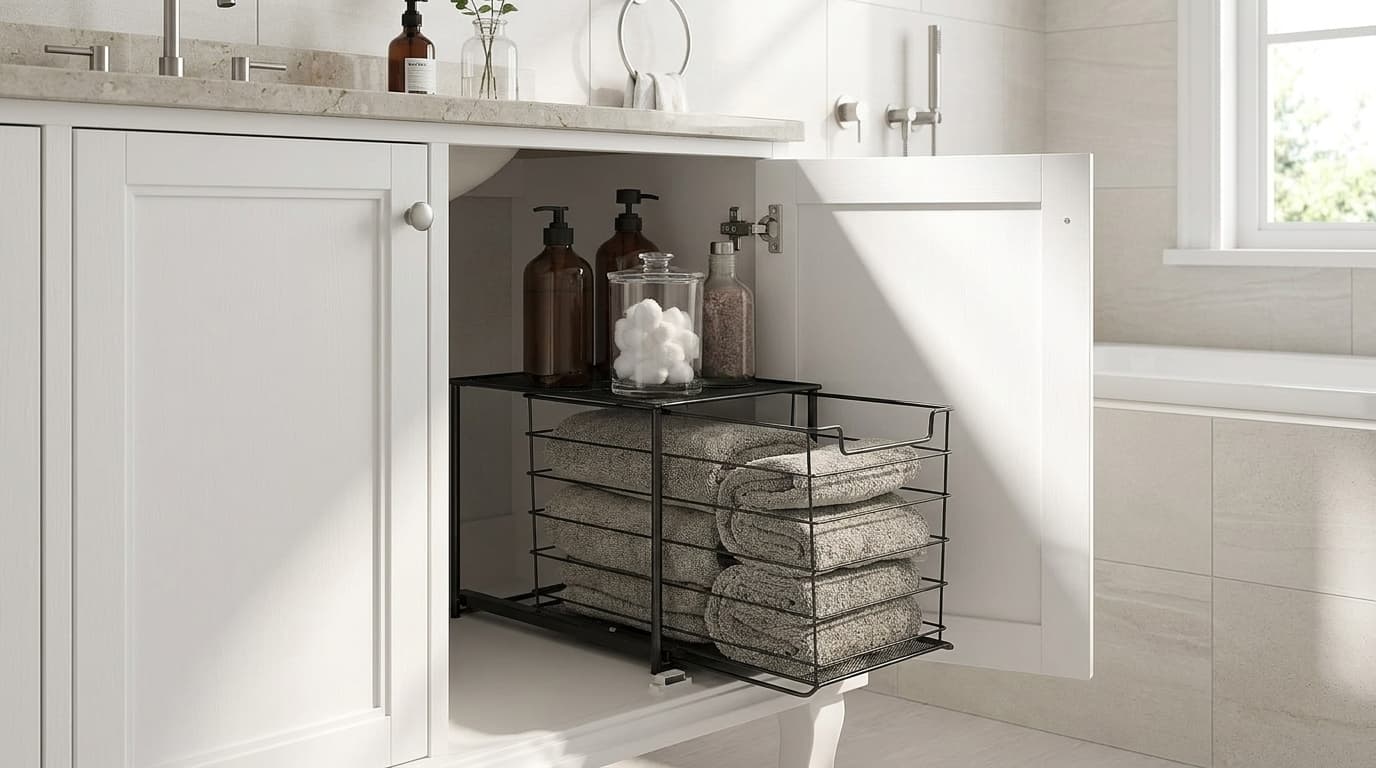 Bathroom cabinet with a pull-out wire organizer holding neatly folded towels and toiletries.