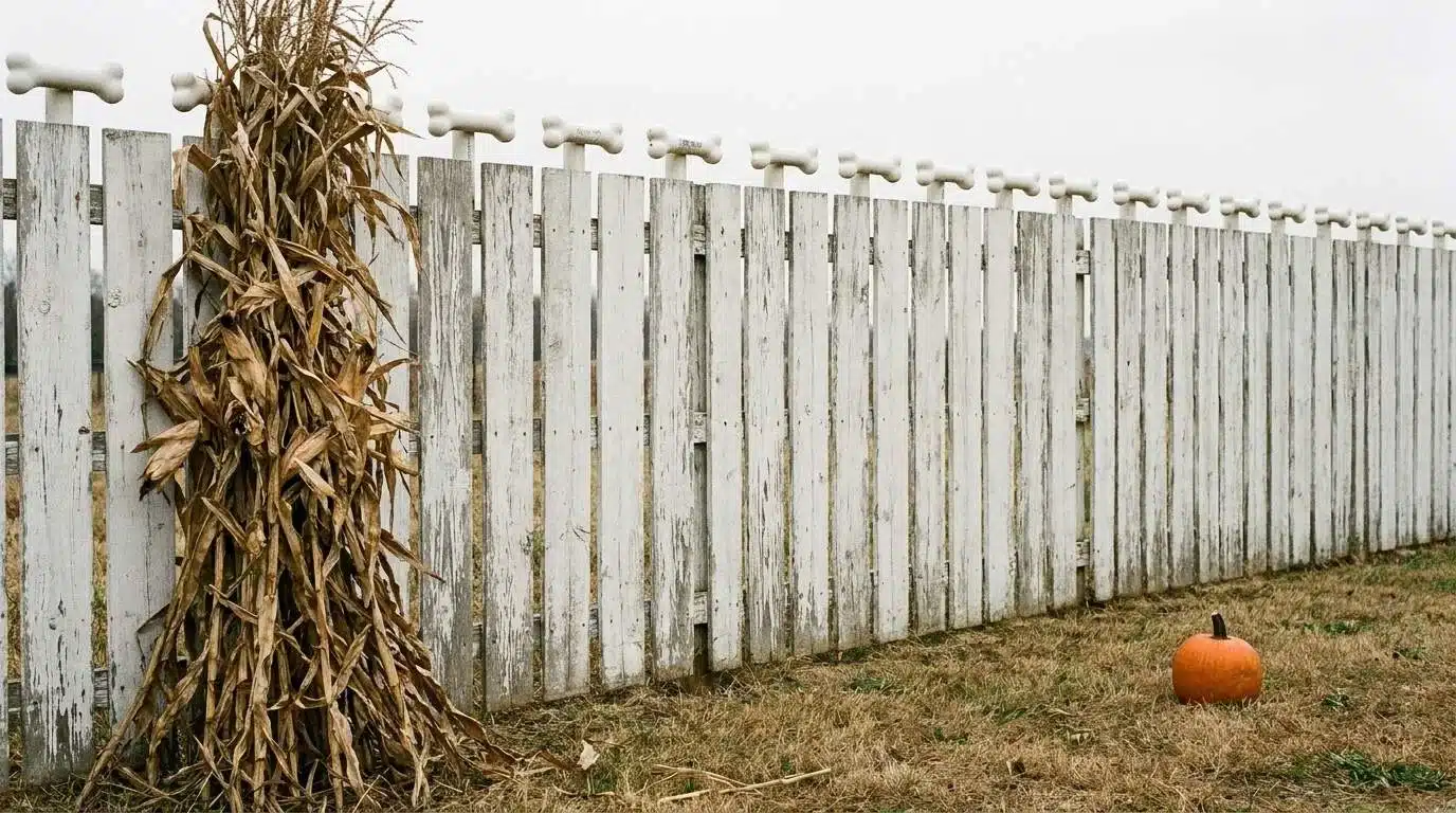 Bone-shaped PVC pipe toppers on a white fence