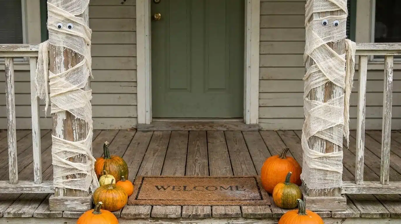 Gauze-wrapped mummy porch columns with pumpkins