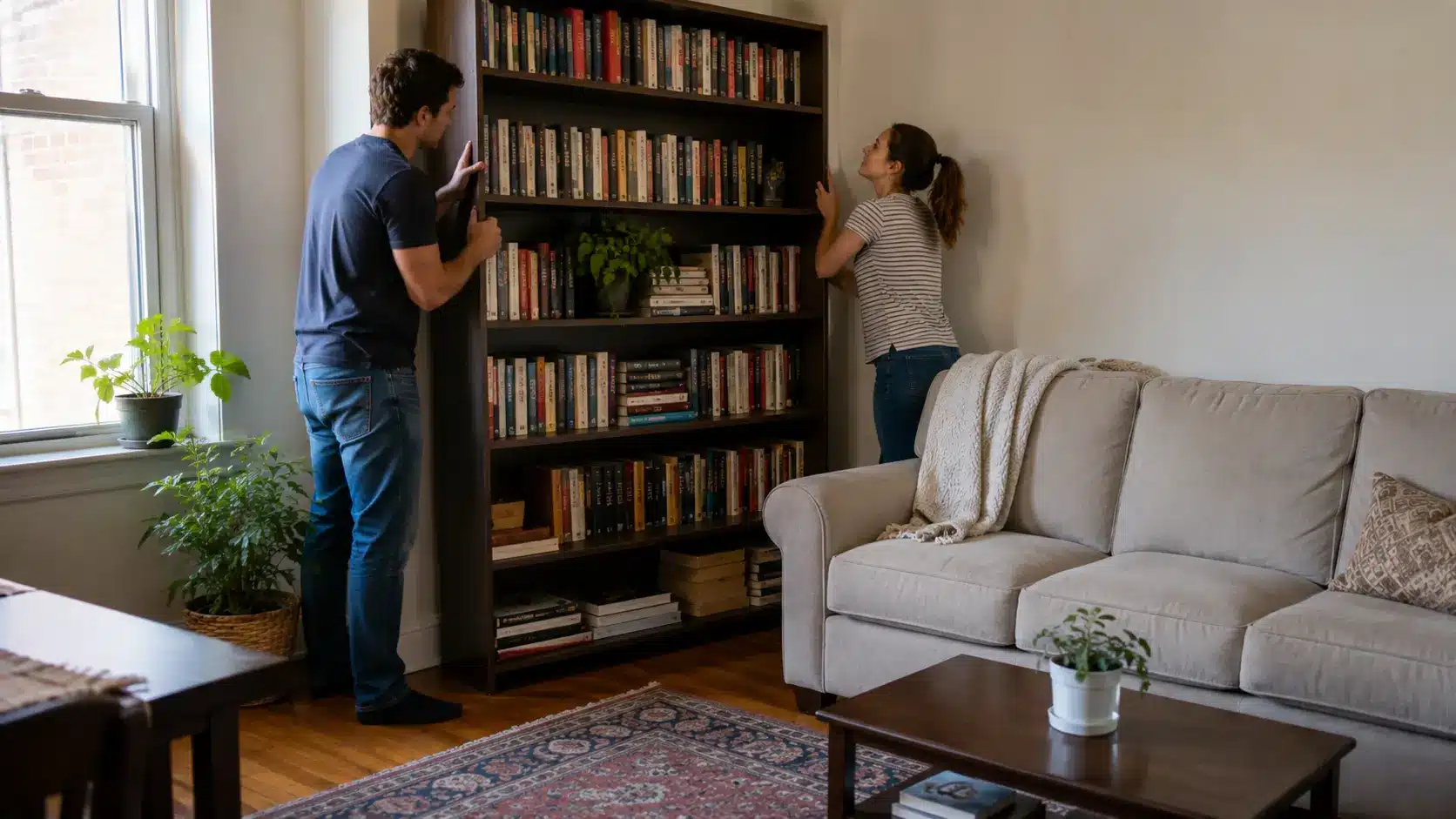 Person rolling a thick area rug over padded underlay on a hardwood floor to help reduce noise.