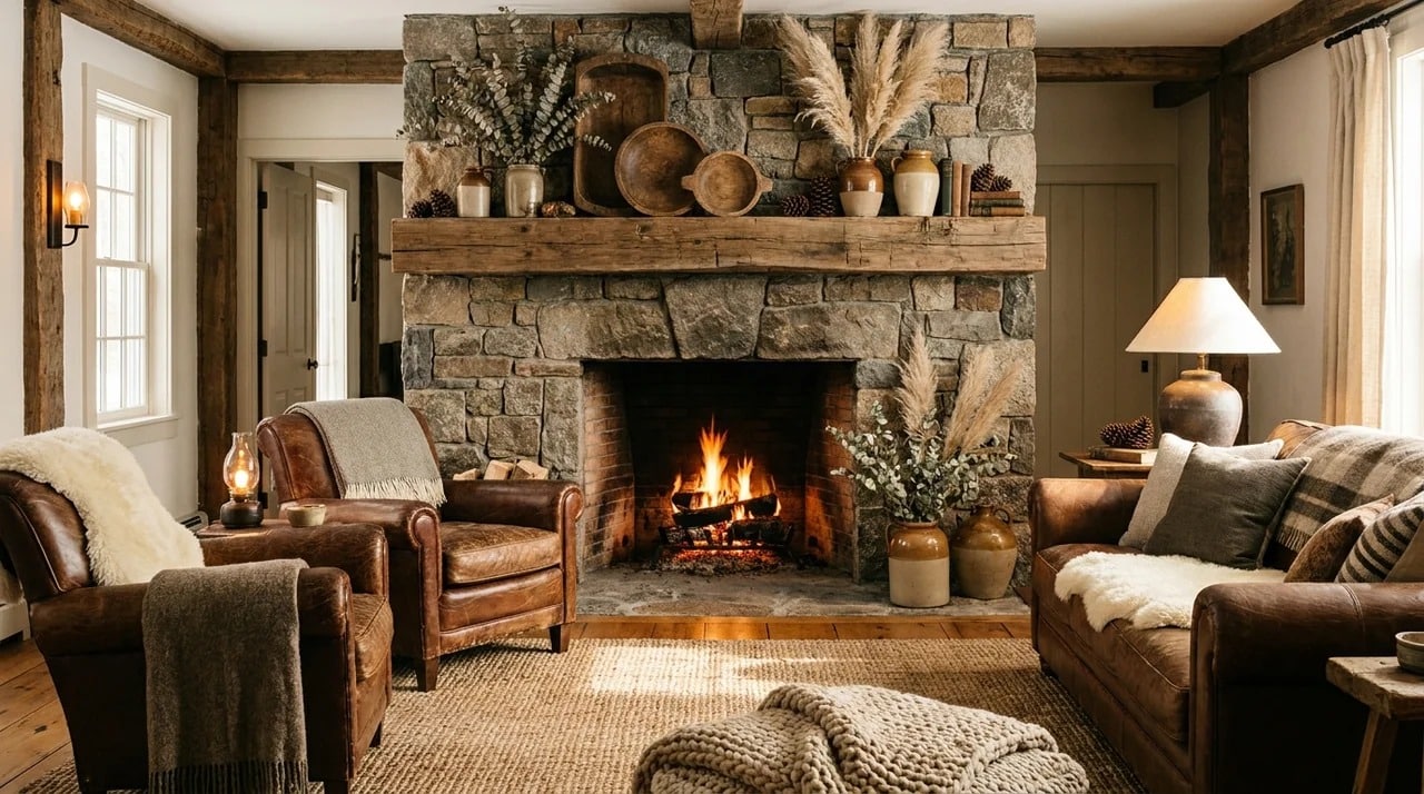 Rustic fireplace mantel decorated with reclaimed wood elements.