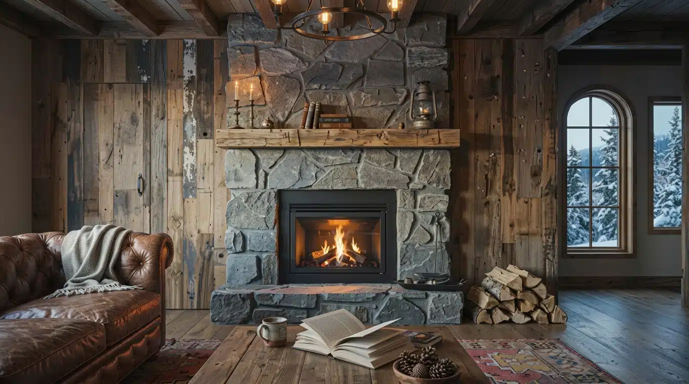 Reclaimed wood fireplace wall with rustic textures and a cozy cabin-inspired interior.