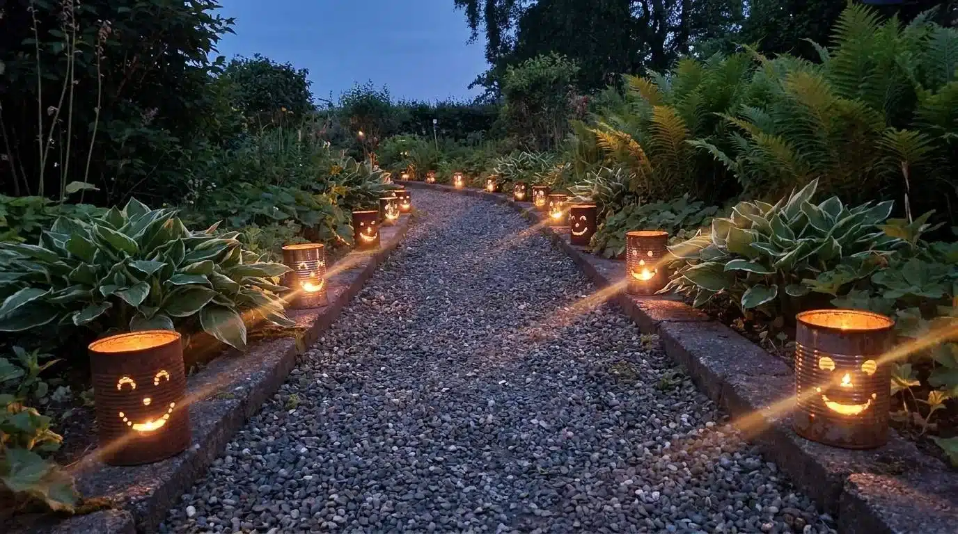 Punched tin can lanterns along a garden path