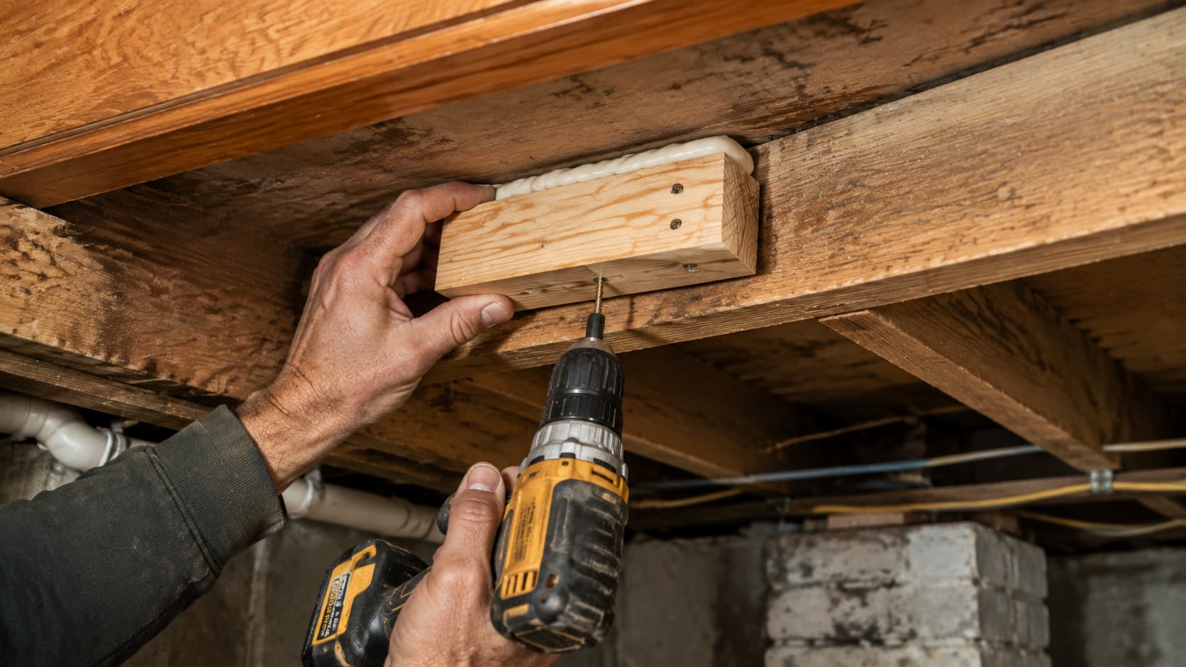 Close-up of a power drill driving a screw into a wooden floorboard to secure it to the underlying floor structure.