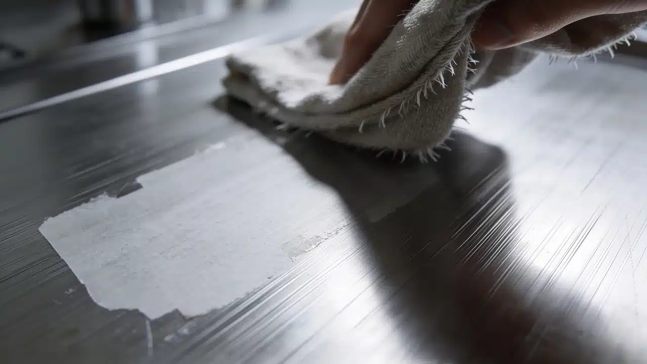 Removing tape adhesive residue from a brushed metal surface safely