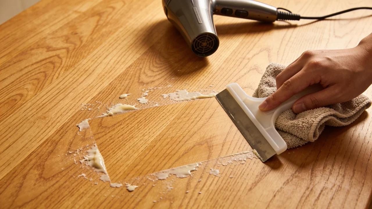 Removing adhesive residue from a wooden surface without damaging the finish