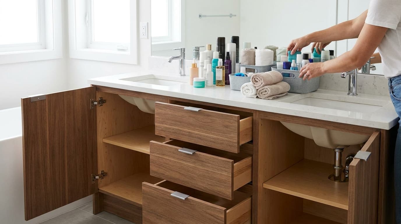 Person organizing bathroom vanity cabinets with drawers open, showing empty storage spaces and neatly grouped essentials.