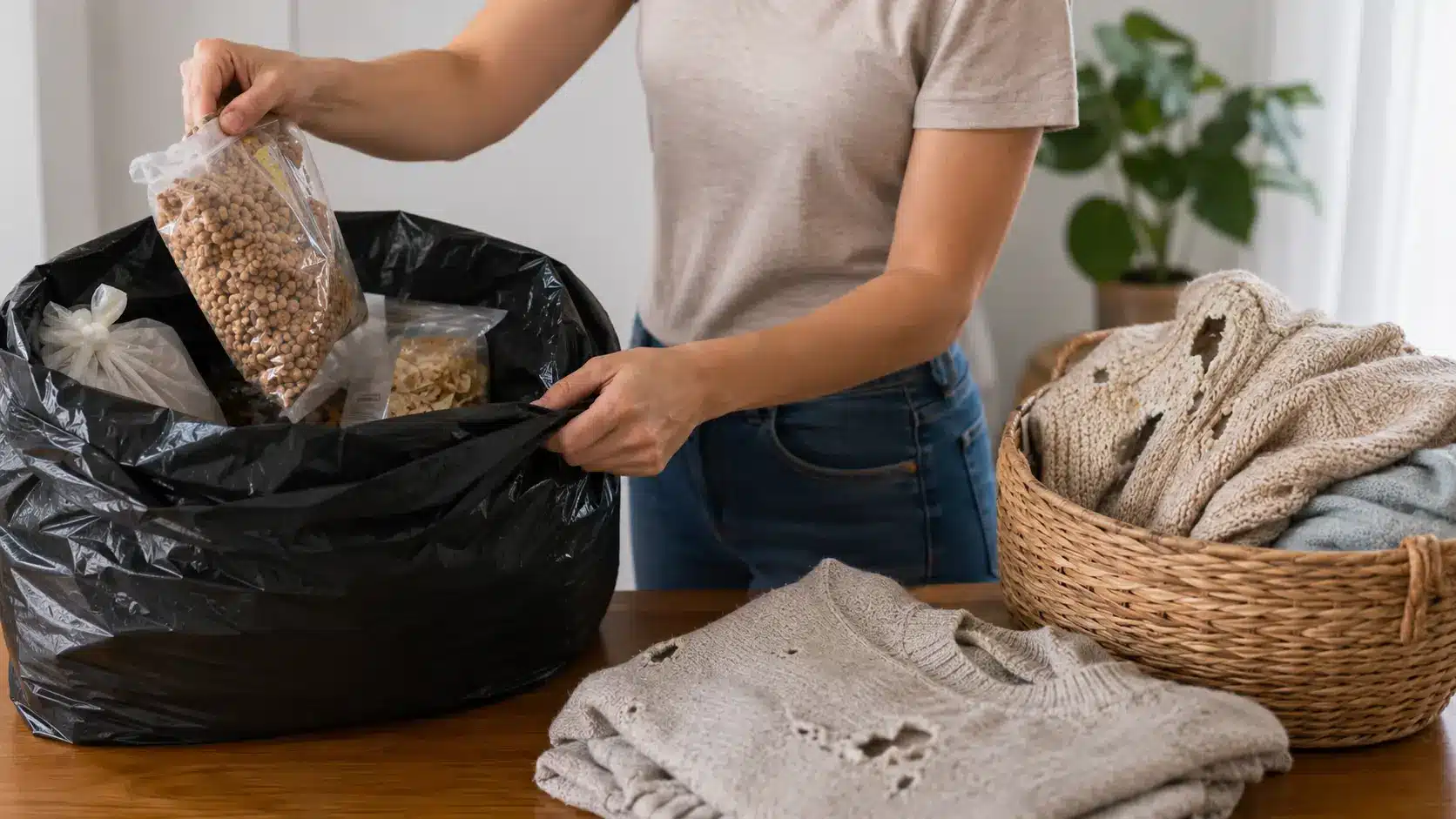 person placing infested food packages into a trash bag beside moth-damaged wool clothing separated for washing