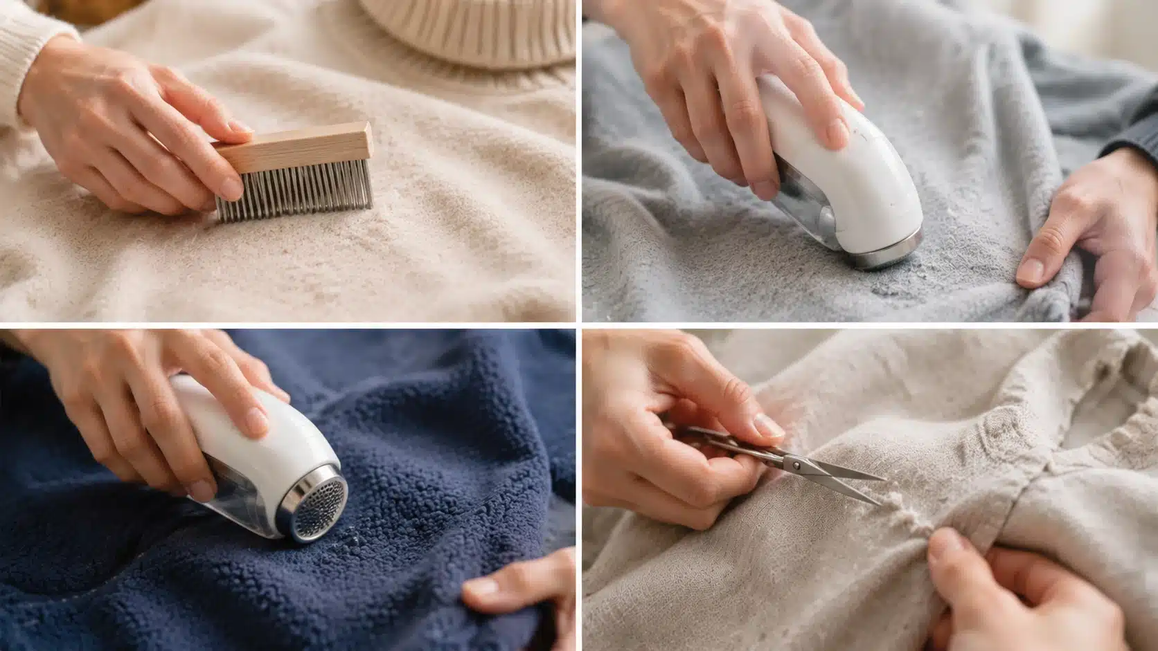 Different fabric types showing safe ways to remove pilling from wool, fleece, cotton, and delicate clothes