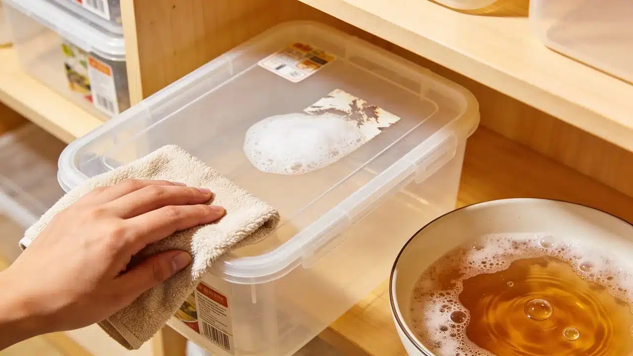 Removing adhesive residue from a plastic container using gentle cleaning methods