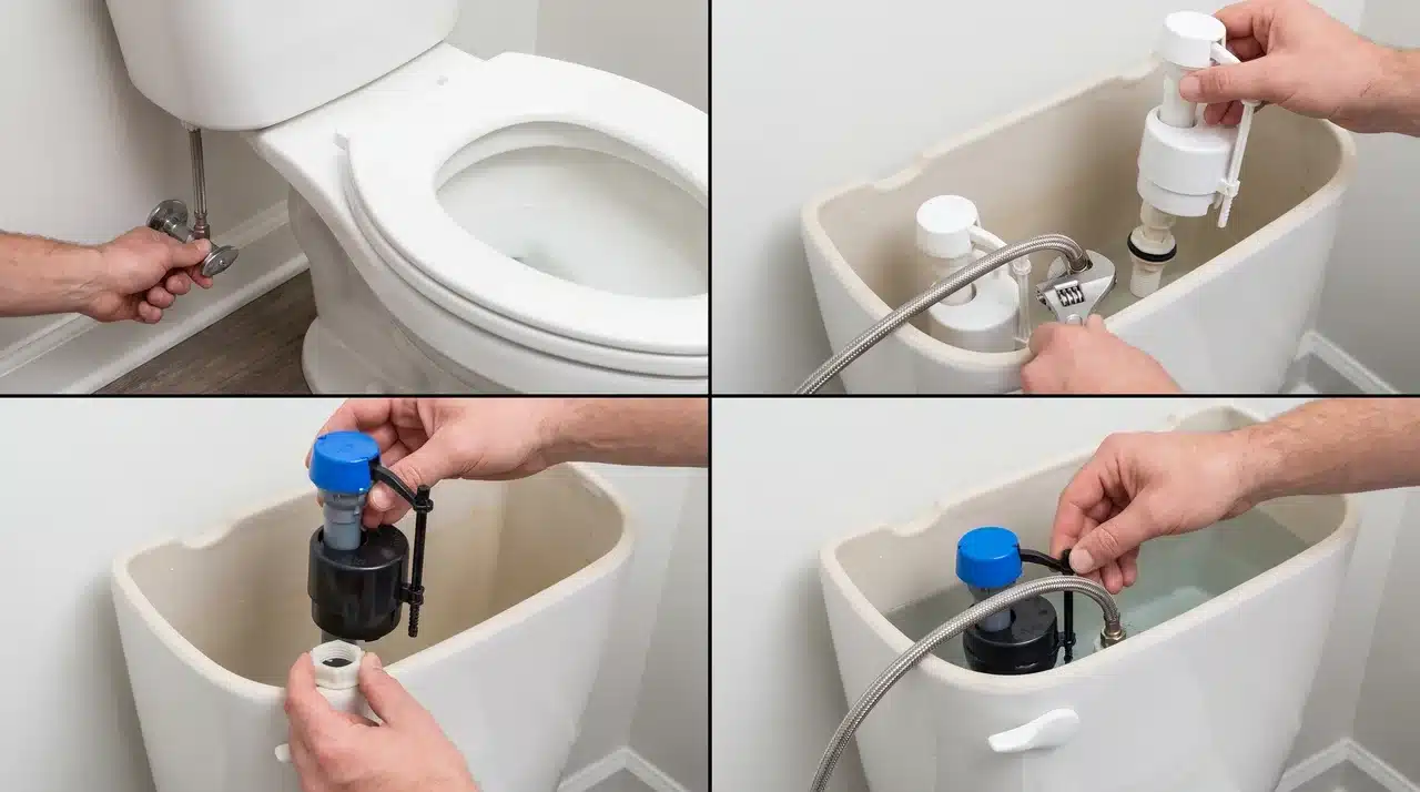 removing a faulty toilet fill valve and installing a new replacement.
