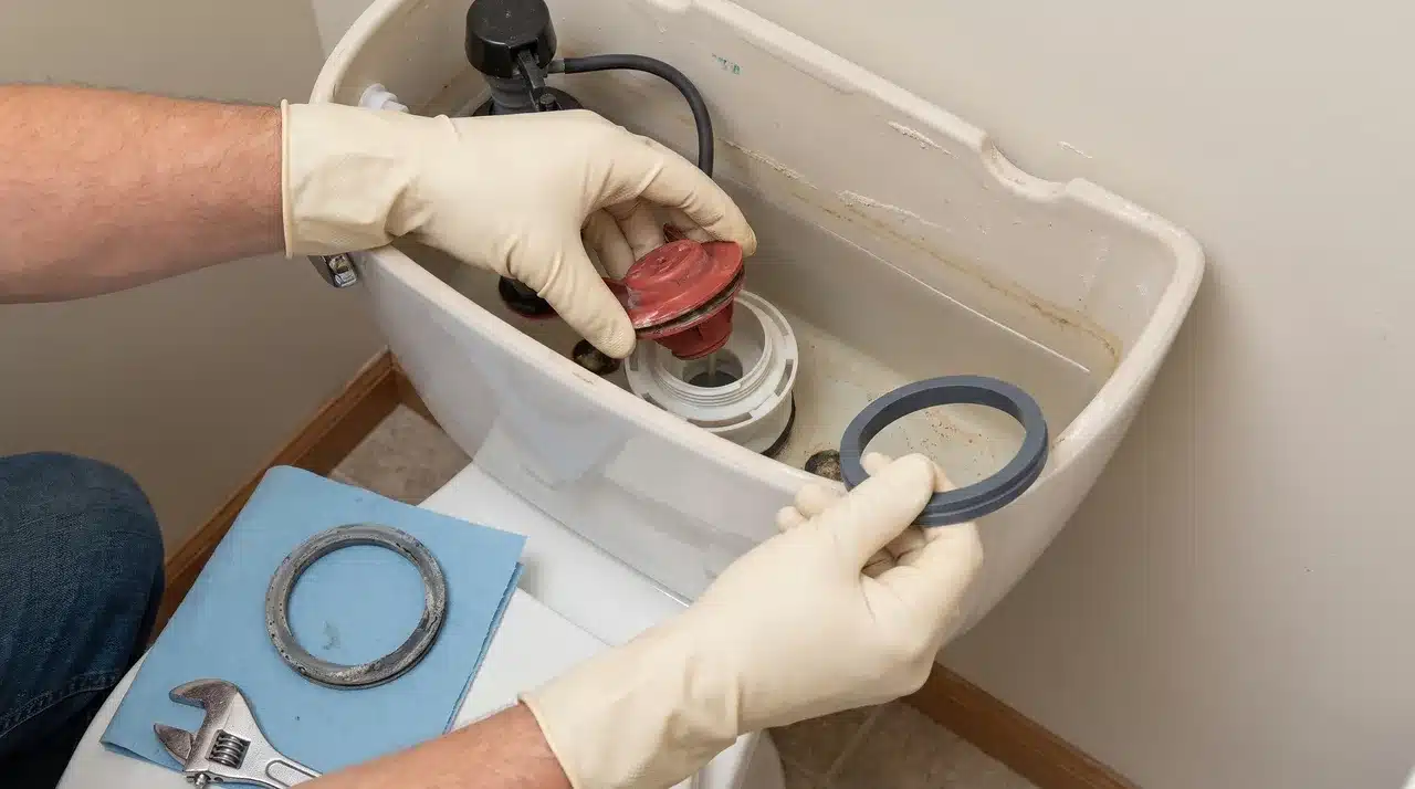Removing a worn toilet canister seal and fitting a new rubber seal inside the tank.
