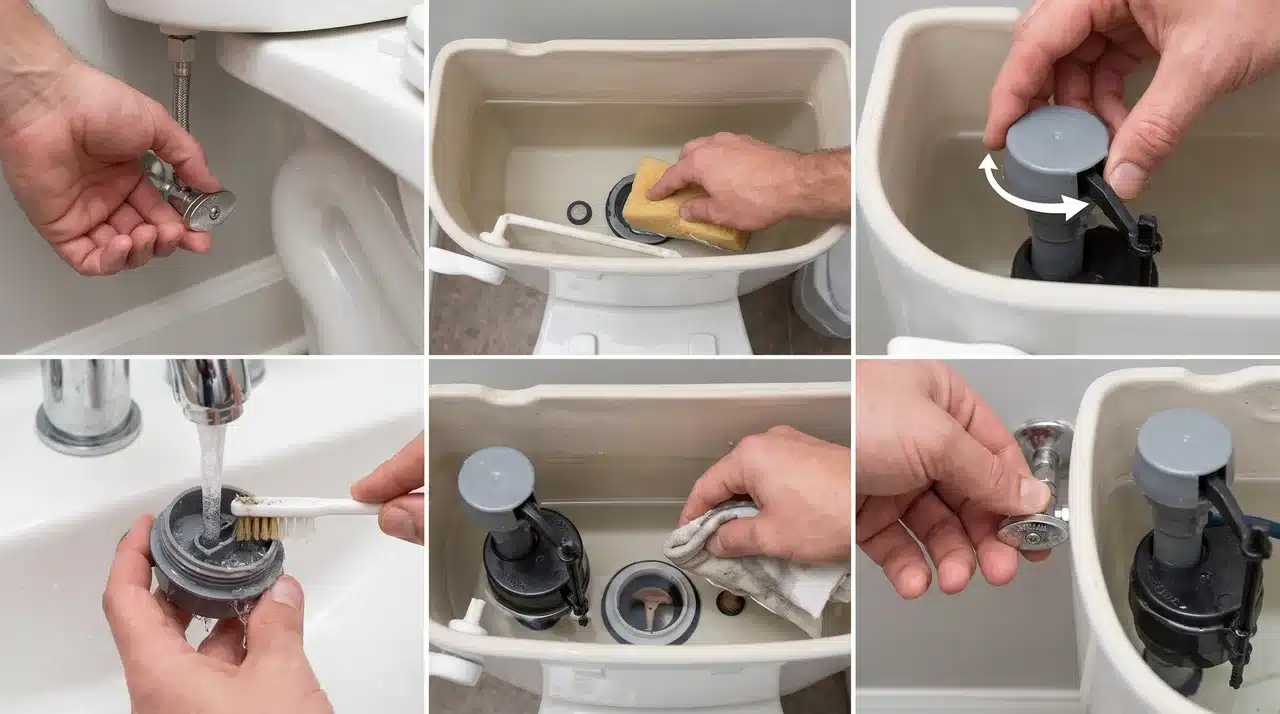 Removing, cleaning, and reinstalling a toilet fill valve to restore proper water flow.
