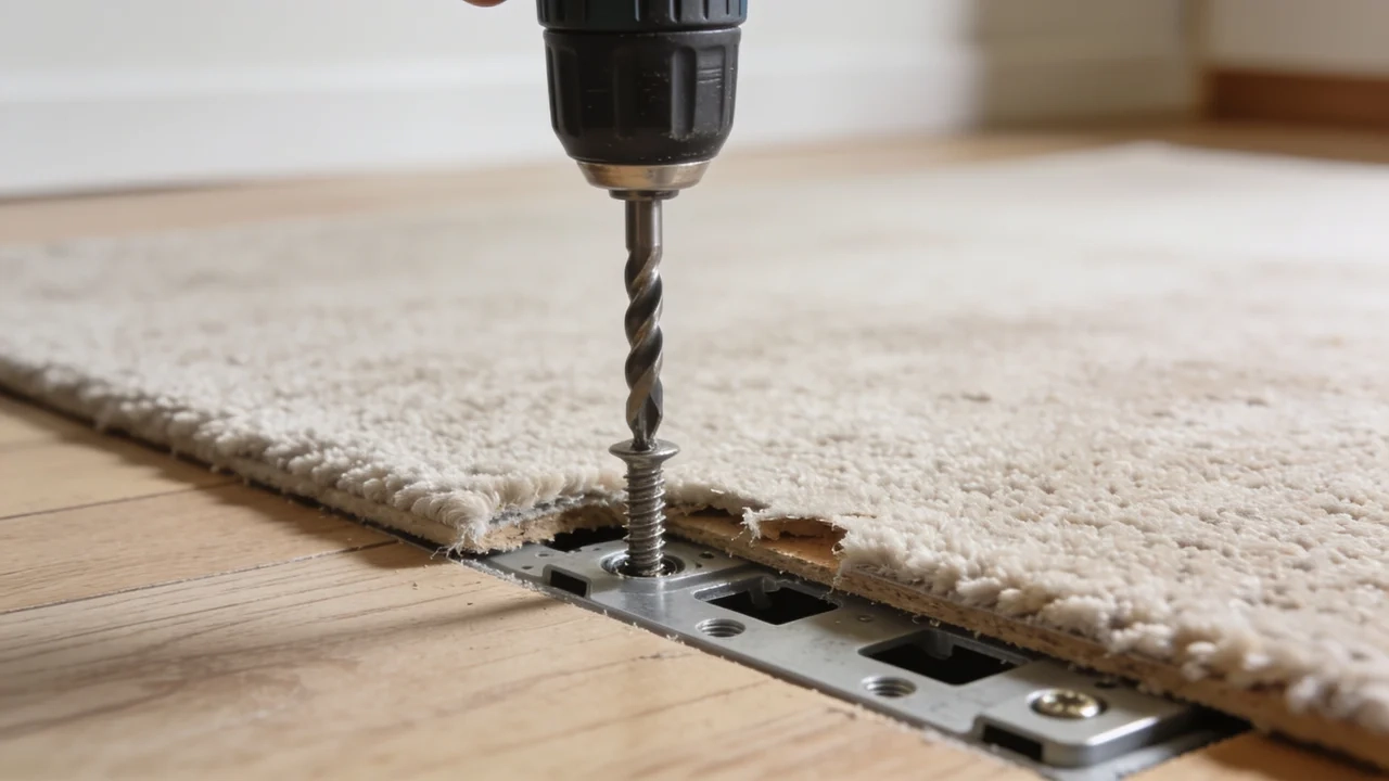 Repairing a squeaky carpeted floor using hidden screws.