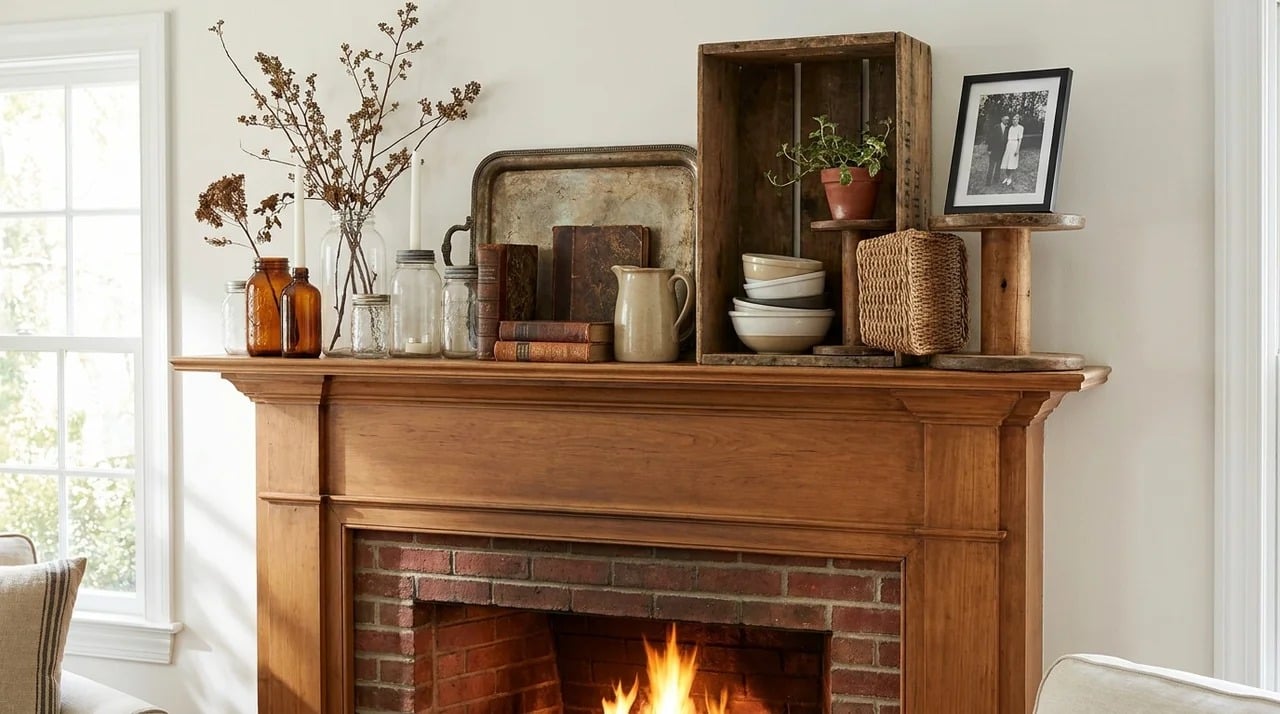 Creative fireplace mantel decorated with repurposed household items.