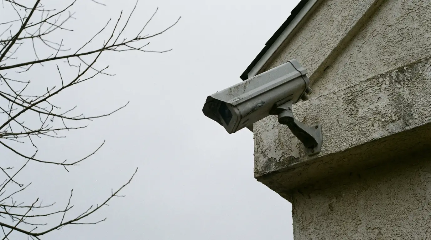Outdoor security camera mounted on textured wall under overcast sky with bare tree branches nearby