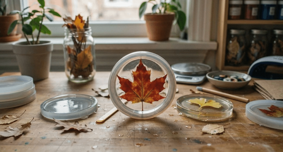 Resin-dipped leaf coasters stacked on a coffee table