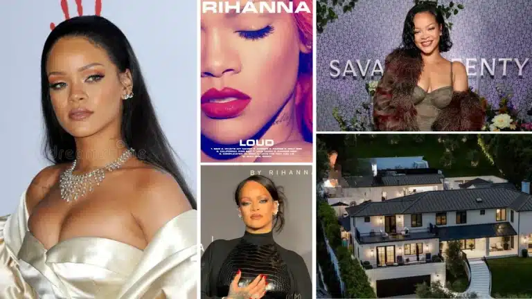 Rihanna with Fenty Beauty, Fenty Skin, Fenty Hair, and other Fenty brand products, showing her expanding business ventures.