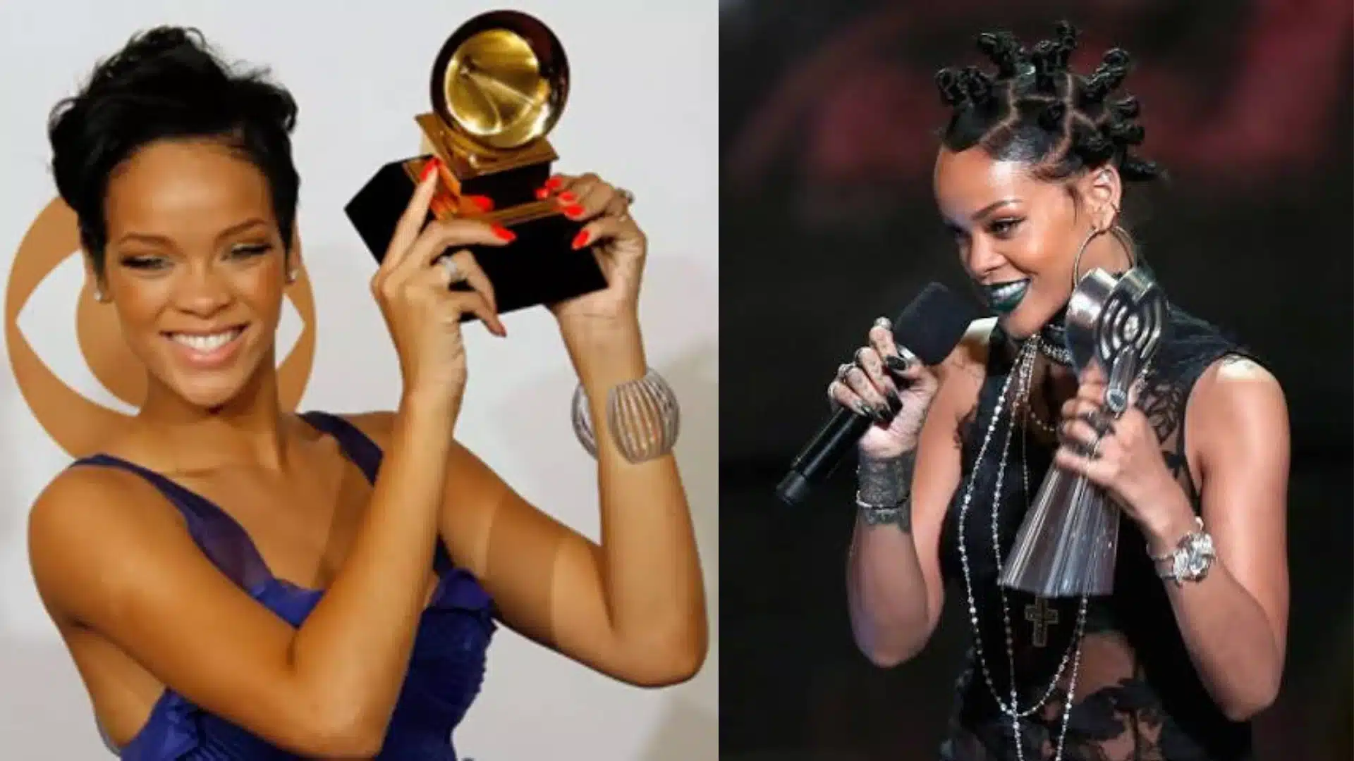 Rihanna receiving awards and recognition during her music career, highlighting her achievements in the entertainment industry.