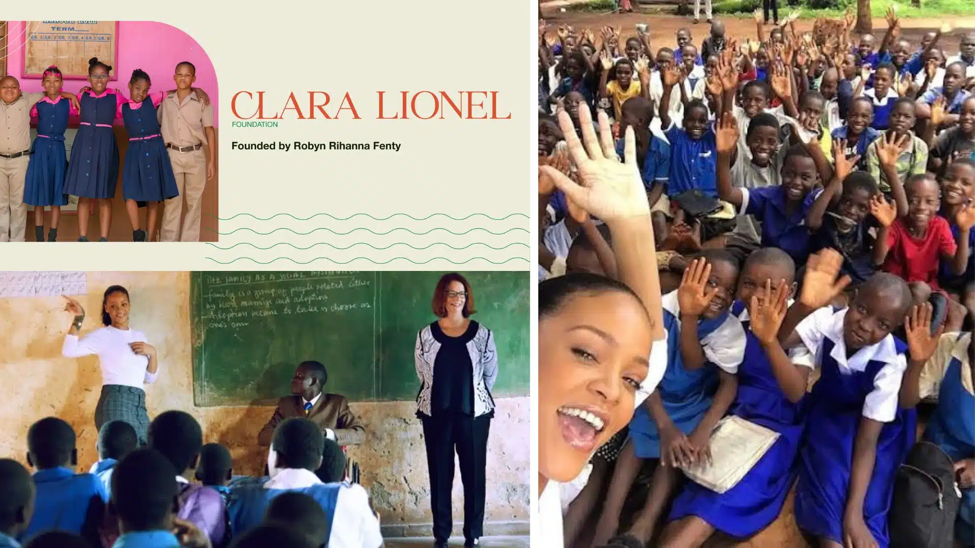 Rihanna supporting philanthropy through the Clara Lionel Foundation and charitable initiatives focused on education, healthcare, and humanitarian causes.