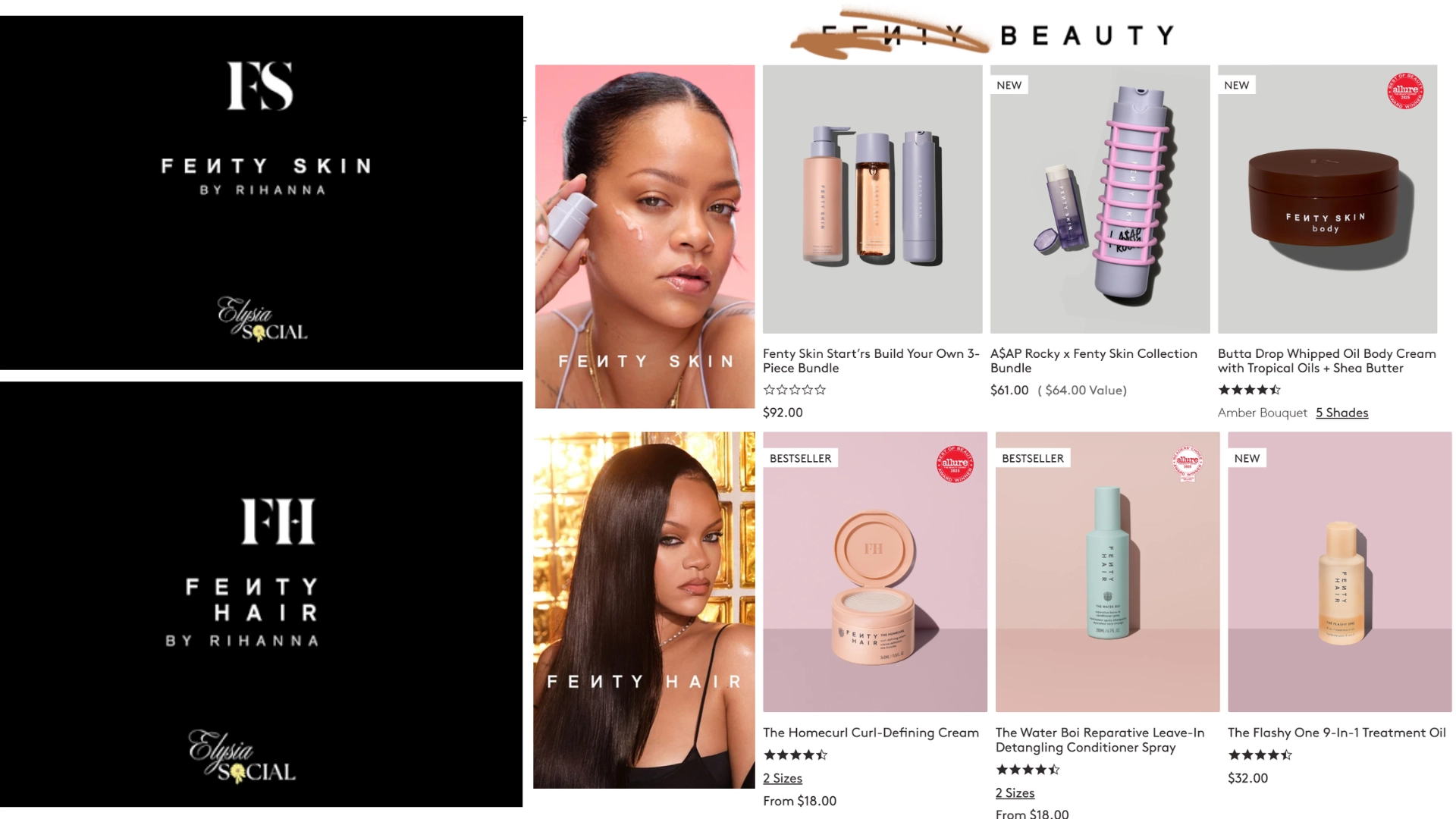 Rihanna with Fenty Beauty, Fenty Skin, Fenty Hair, and other Fenty brand products, showing her expanding business ventures.
