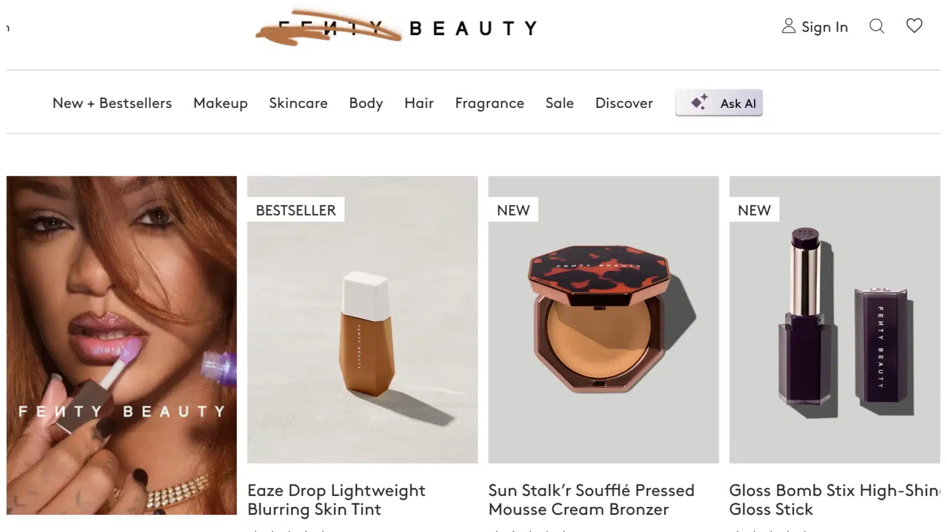 Rihanna with Fenty Beauty products, showing her transition from musician to beauty entrepreneur and business owner.