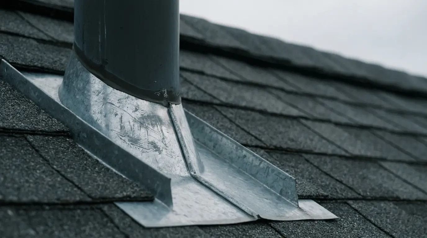 Metal chimney flashing on a shingled rooftop under overcast sky