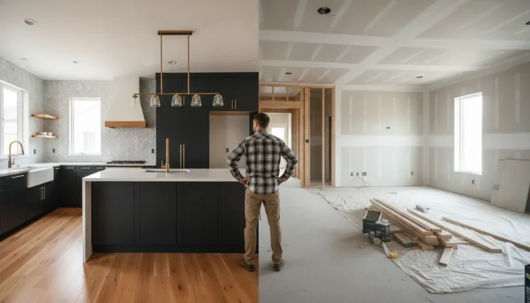 Modern kitchen renovation with sleek black cabinets alongside unfinished construction space