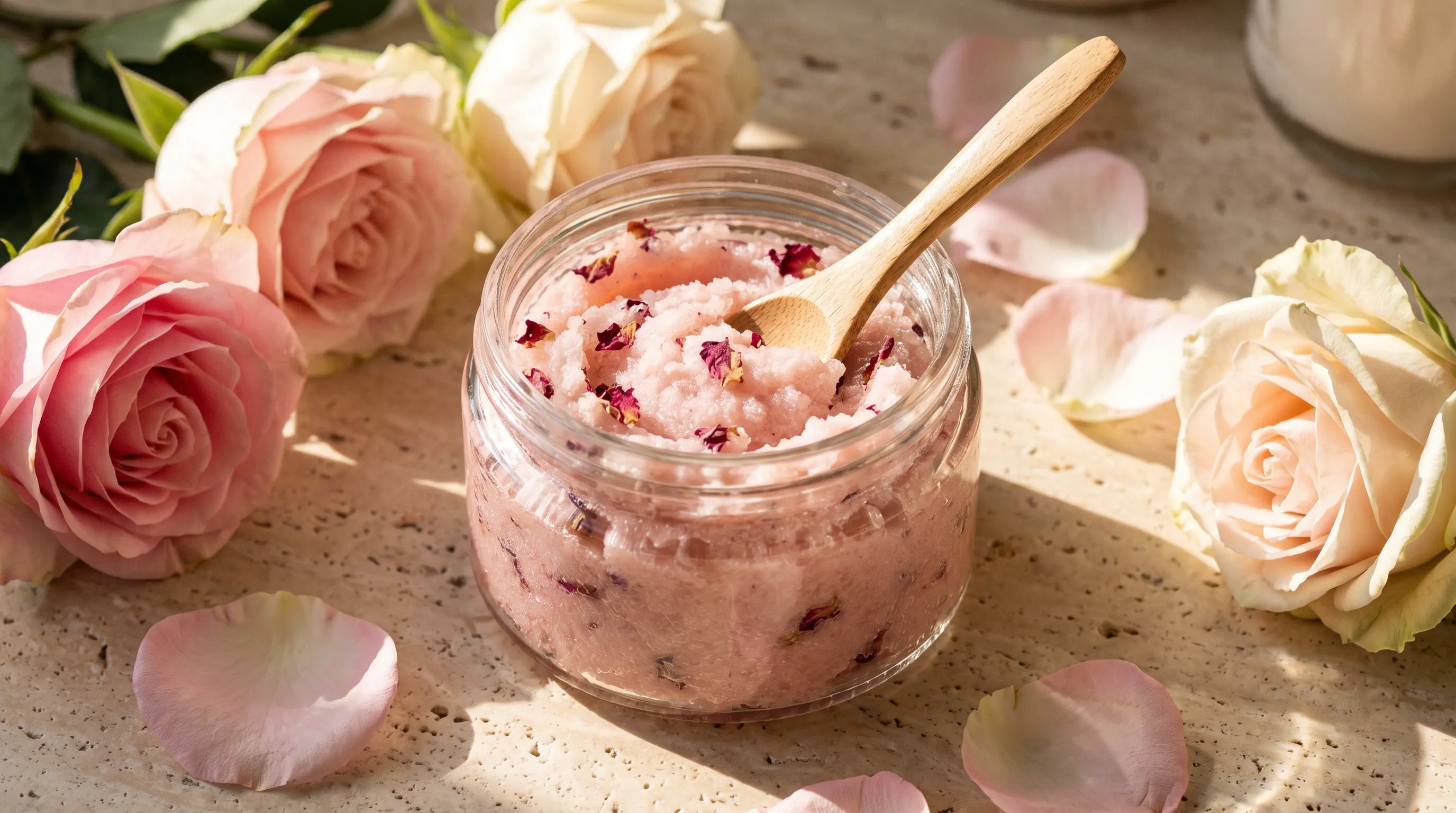 Rose petal sugar scrub in a glass jar with fresh petals nearby