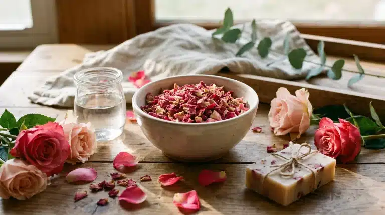 Natural rose petal uses with fresh roses, dried petals, rose water, soap, and potpourri arranged on a wooden table.