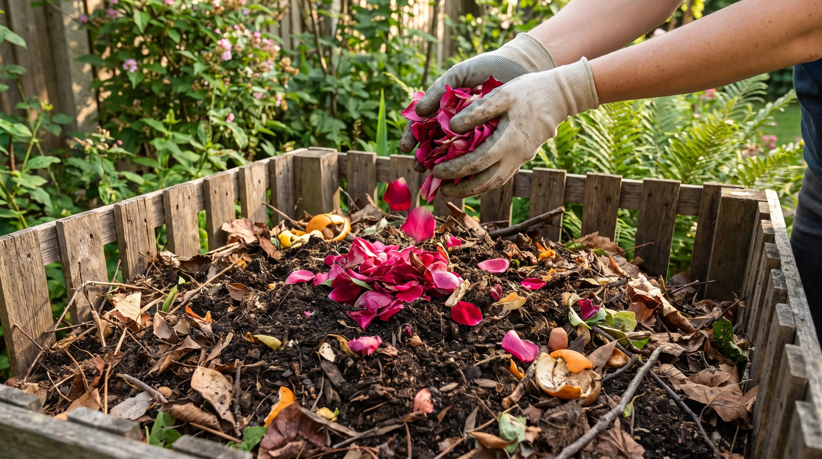Rose petals being added to a garden compost pile with organic waste