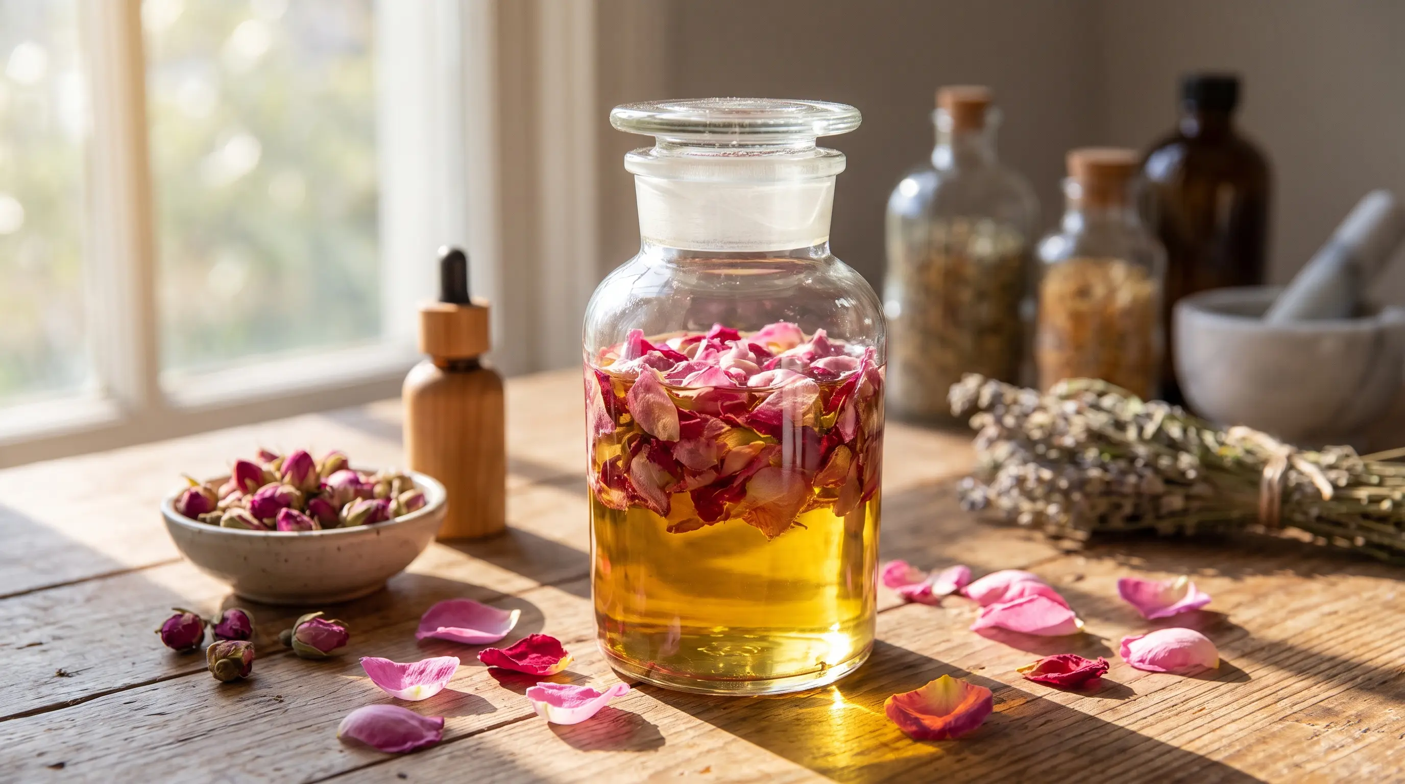Rose petals steeping in a glass jar of natural oil for homemade infusion