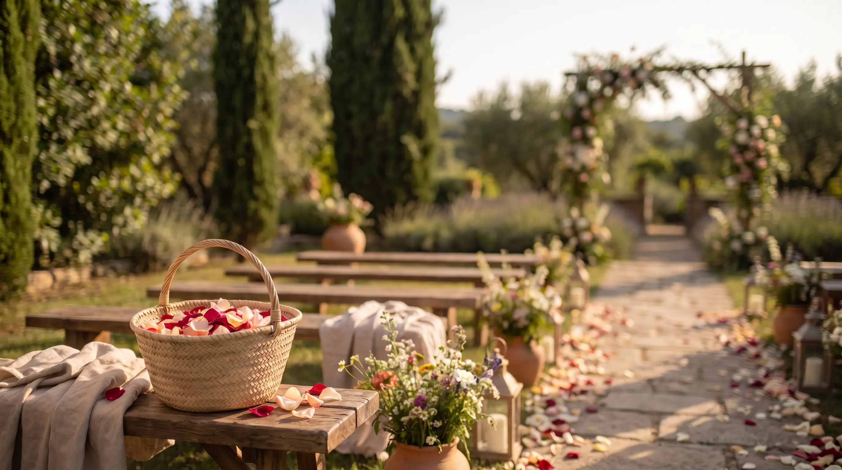 Rose petals tossed as biodegradable confetti at an outdoor celebration