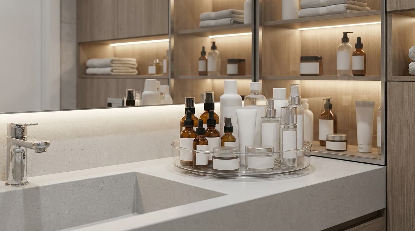 Bathroom cabinet with a rotating lazy Susan organizer holding skincare and hair products.